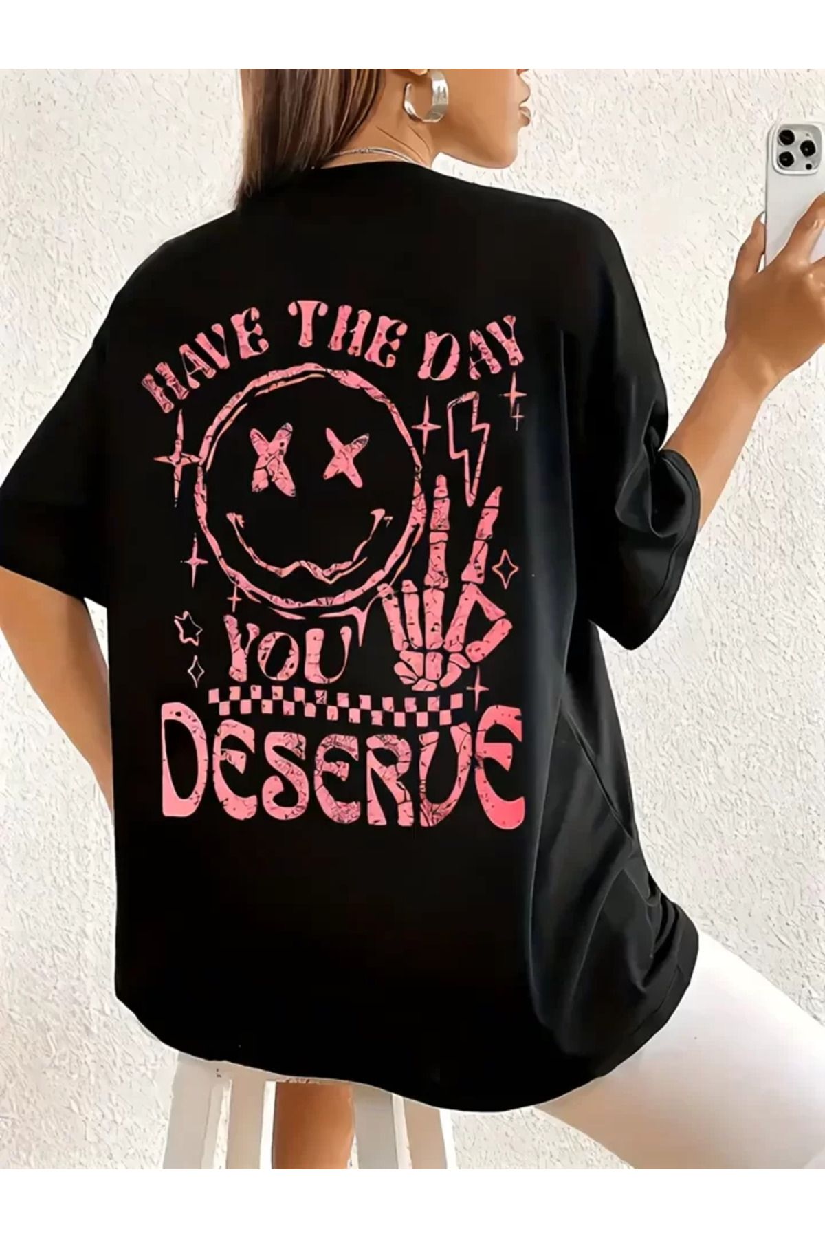 REKA MODA Baskılı Oversize Bisiklet Yaka T-shirt - Siyah