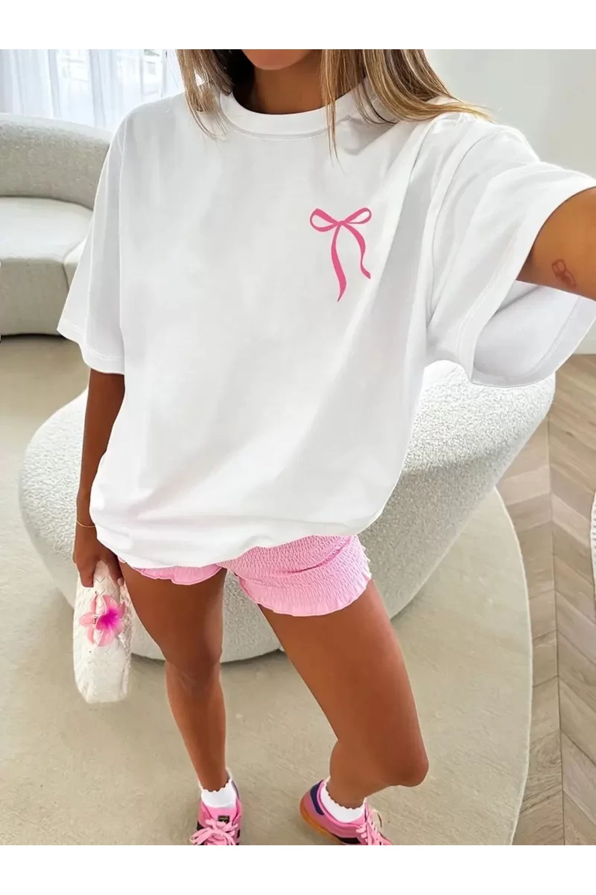 REKA MODA Fiyonk Baskılı Oversize Bisiklet Yaka T-shirt - Beyaz