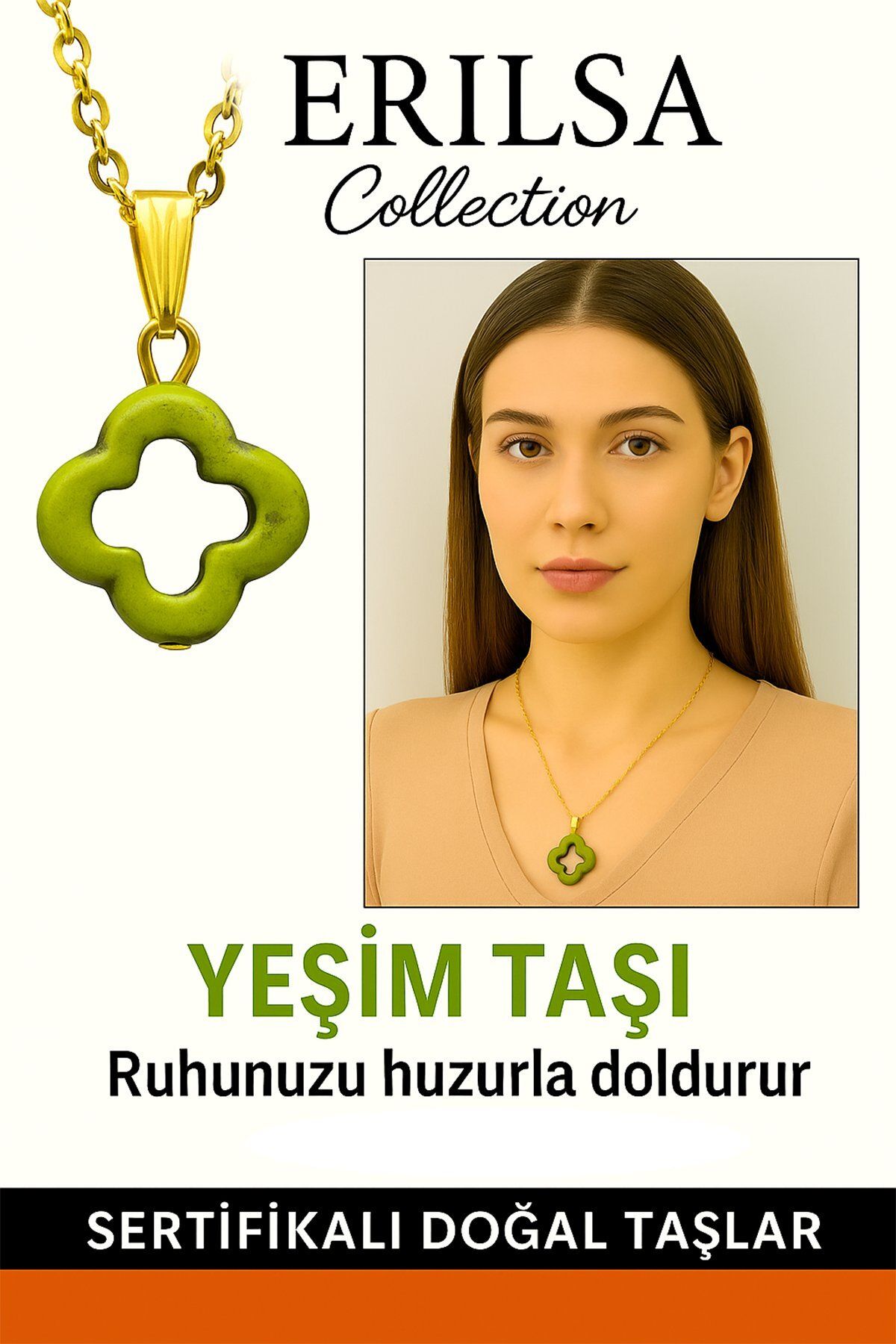 Erilsa Sertifikalı Yonca Model Yeşim Taşı Kolye Şans ve Denge Sağlar