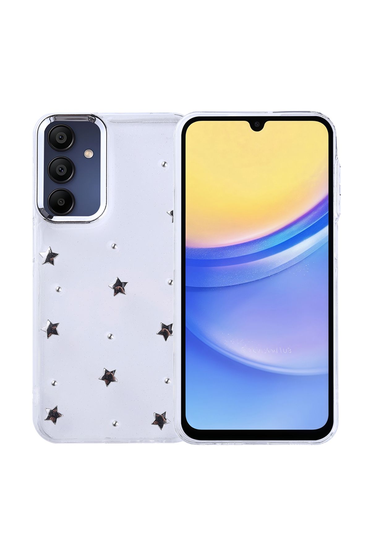 Rivor Samsung Galaxy A15 Uyumlu Kılıf Kamera Çıkıntılı Airbag Tasarımlı Simli Estetik Şeffaf Kapak