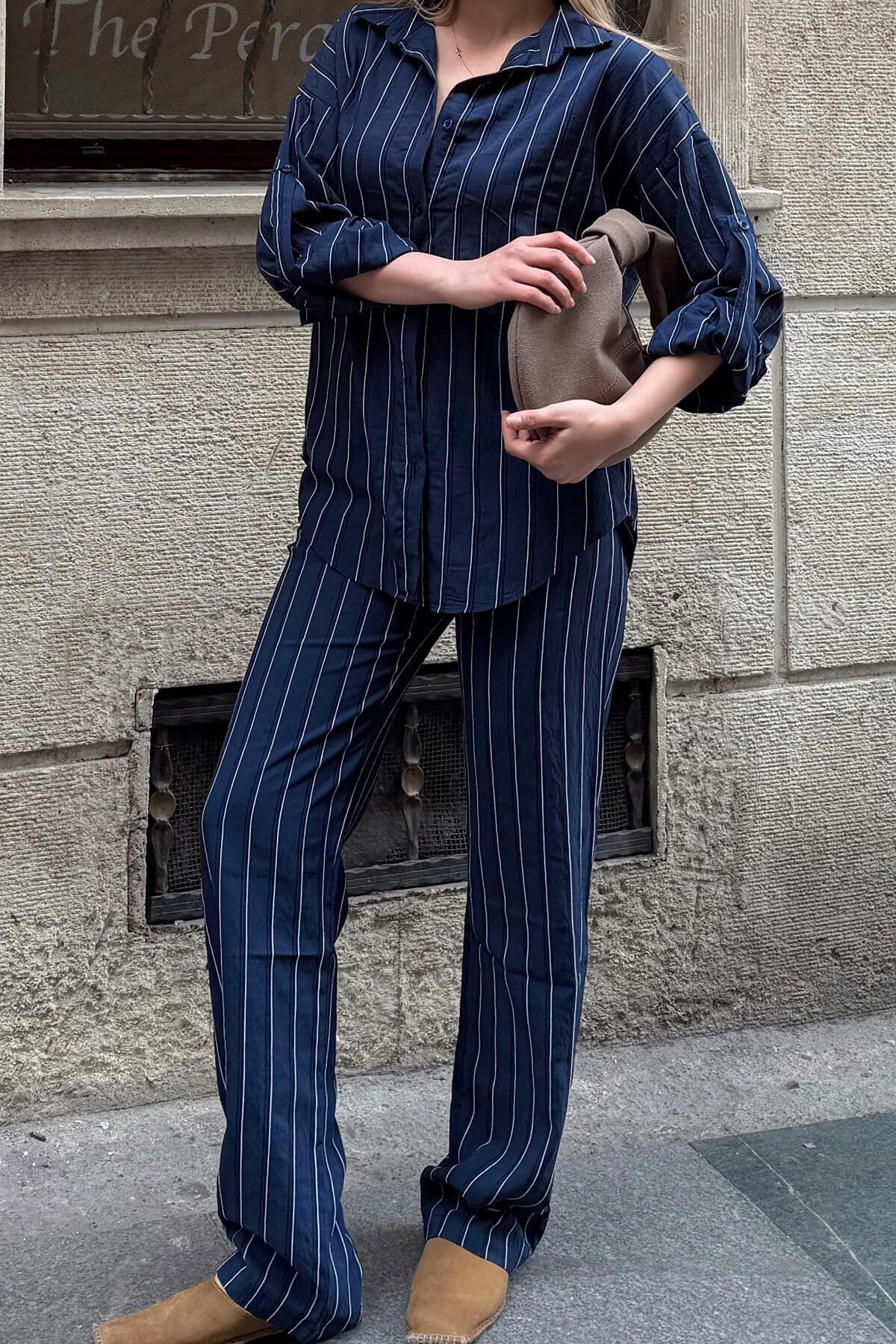 Swist-Set de pantaloni și cămăși cu dungi Blue Zeya pentru femei Modal 4