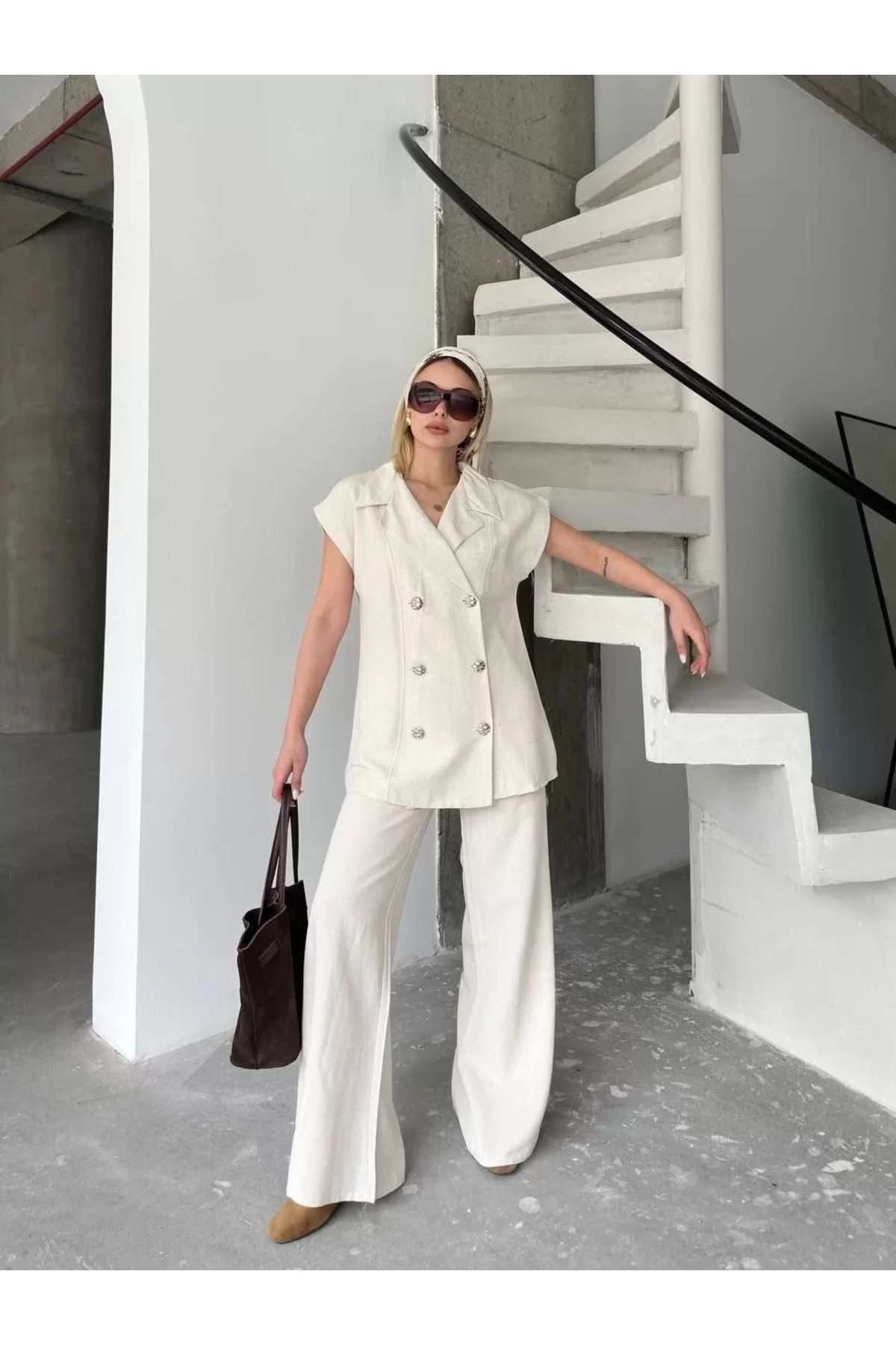 REKA MODA-Linen Zero Sleeve Blezer Jacket Trousers Double Suit- White 3