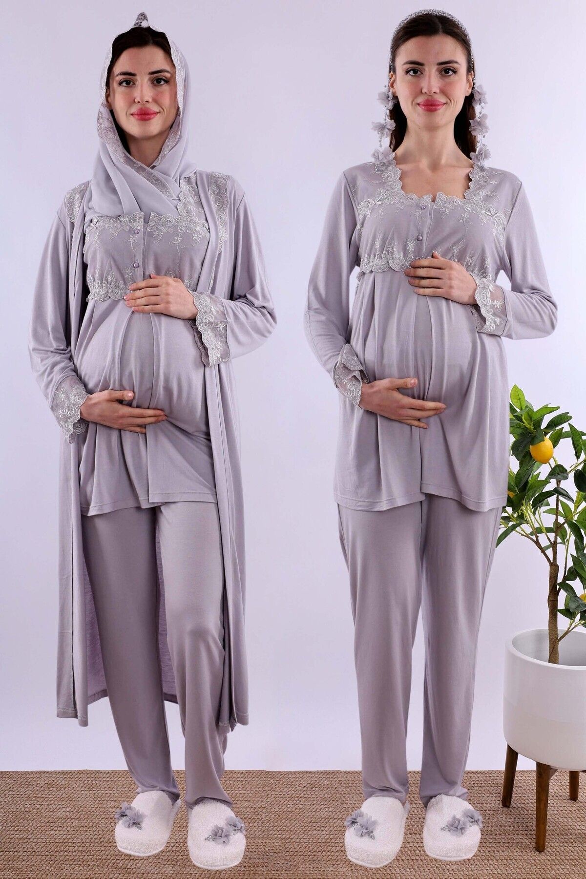 ByLohusa Effortt Gri Tesettürlü Uzun Sabahlıklı Hamile Lohusa Pijama Takımı Byl2t24072