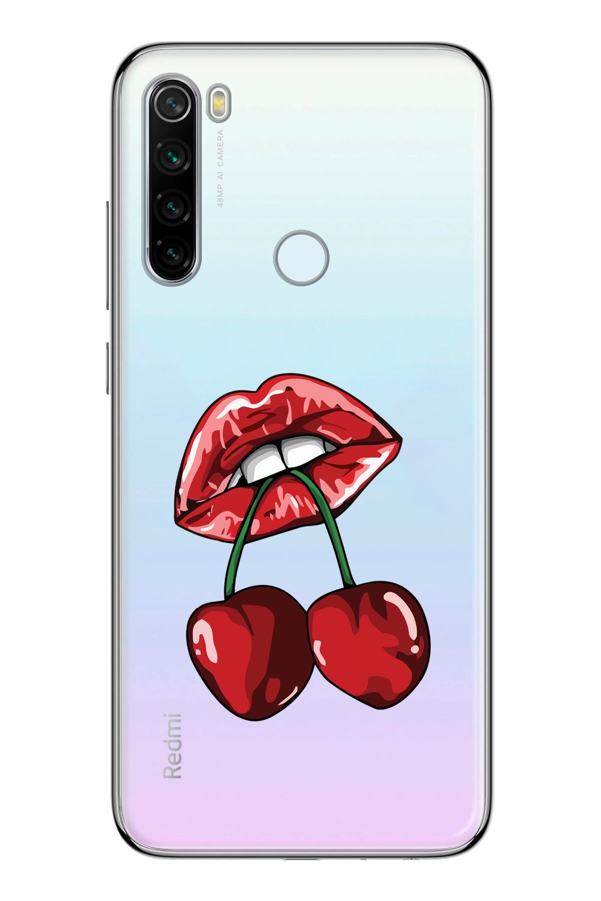 moonset Xiaomi Redmi Note 8 Uyumlu Dudak ve Kiraz Tasarımlı Baskılı Şeffaf Telefon Kılıfı