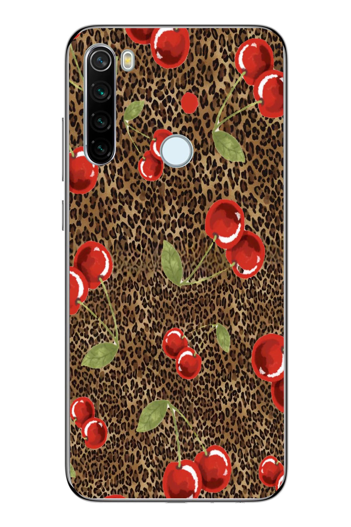 moonset Xiaomi Redmi Note 8 Uyumlu Leopar ve Kiraz Tasarımlı Baskılı Şeffaf Telefon Kılıfı