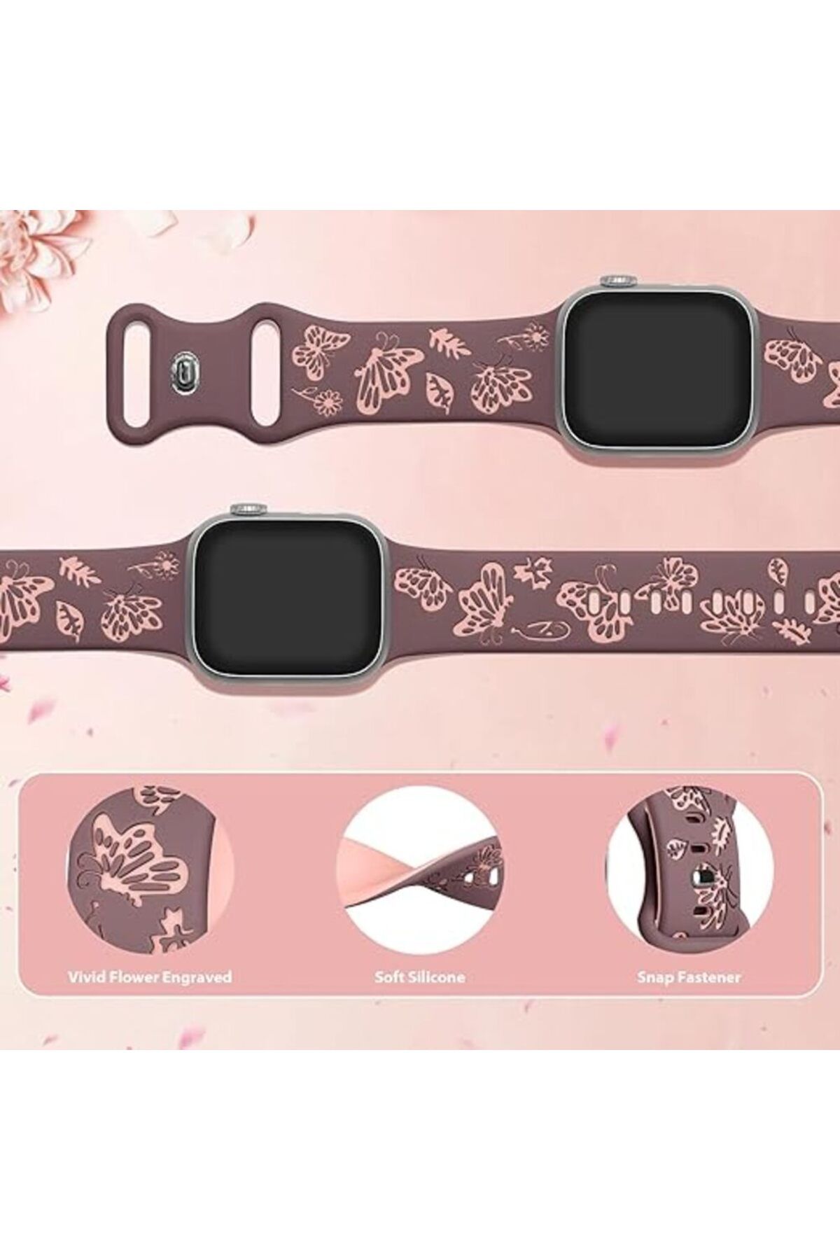 bbtech Apple Watch 42 44 45 46 49 mm Series 10 9 8 7 SE 6 5 4 3 Uyumlu Kelebek Desen Yumuşak Silikon Kordon