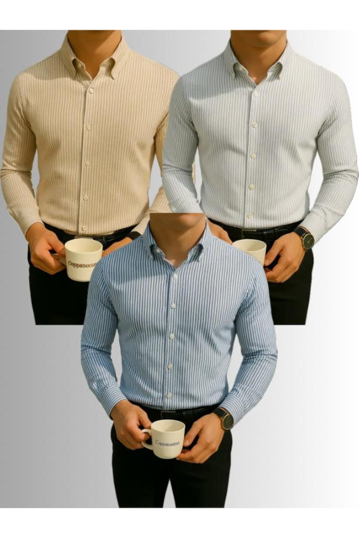 LC Waikiki 3'lü Avantaj Slim Fit Uzun Kollu Düğmeli Kolay Ütü Çizgili Şık Premium Erkek Klasik Spor Gömlek
