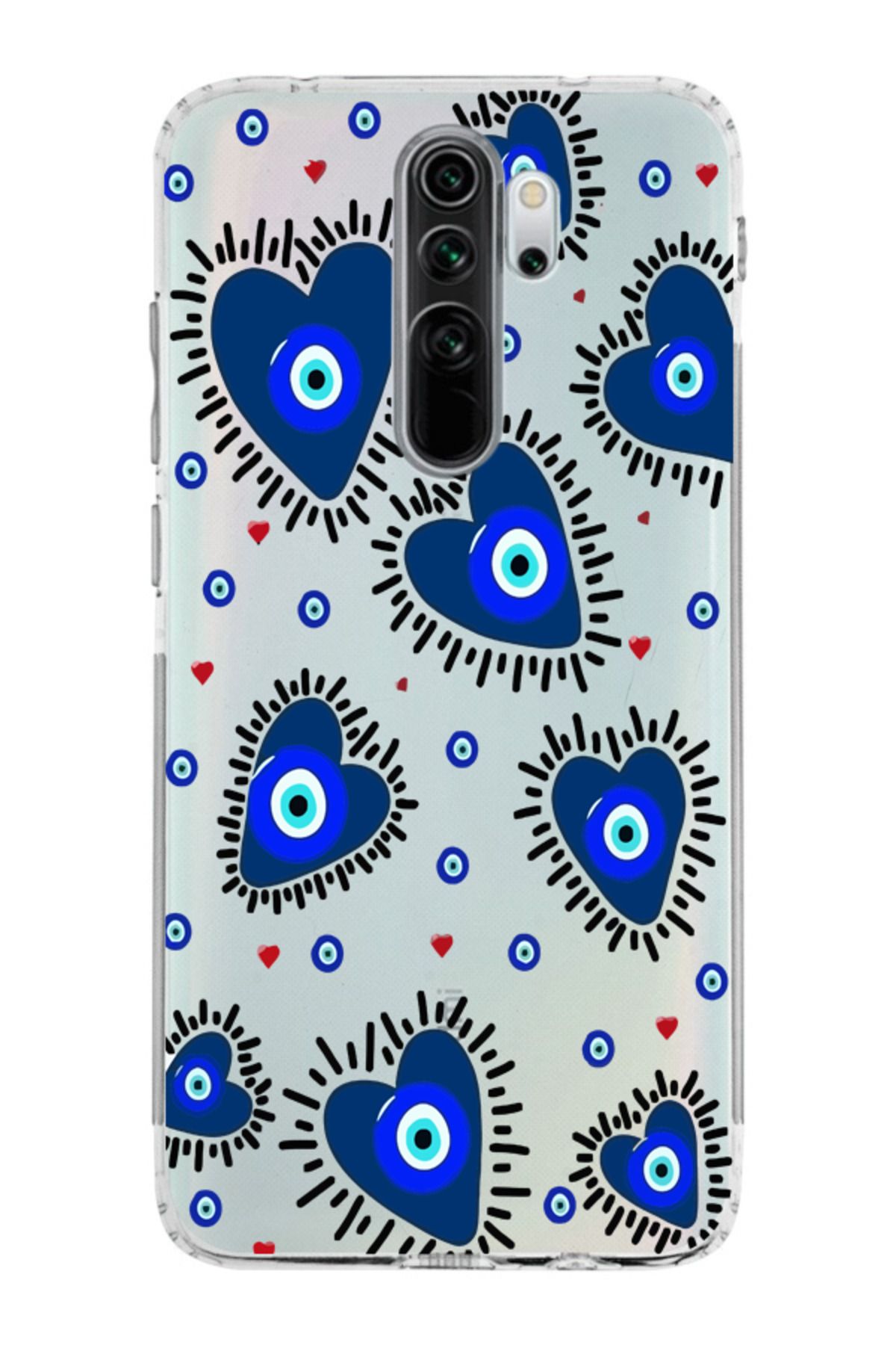 moonset Xiaomi Redmi Note 8 Pro Uyumlu Nazar Kalpler Tasarımlı Baskılı Şeffaf Telefon Kılıfı