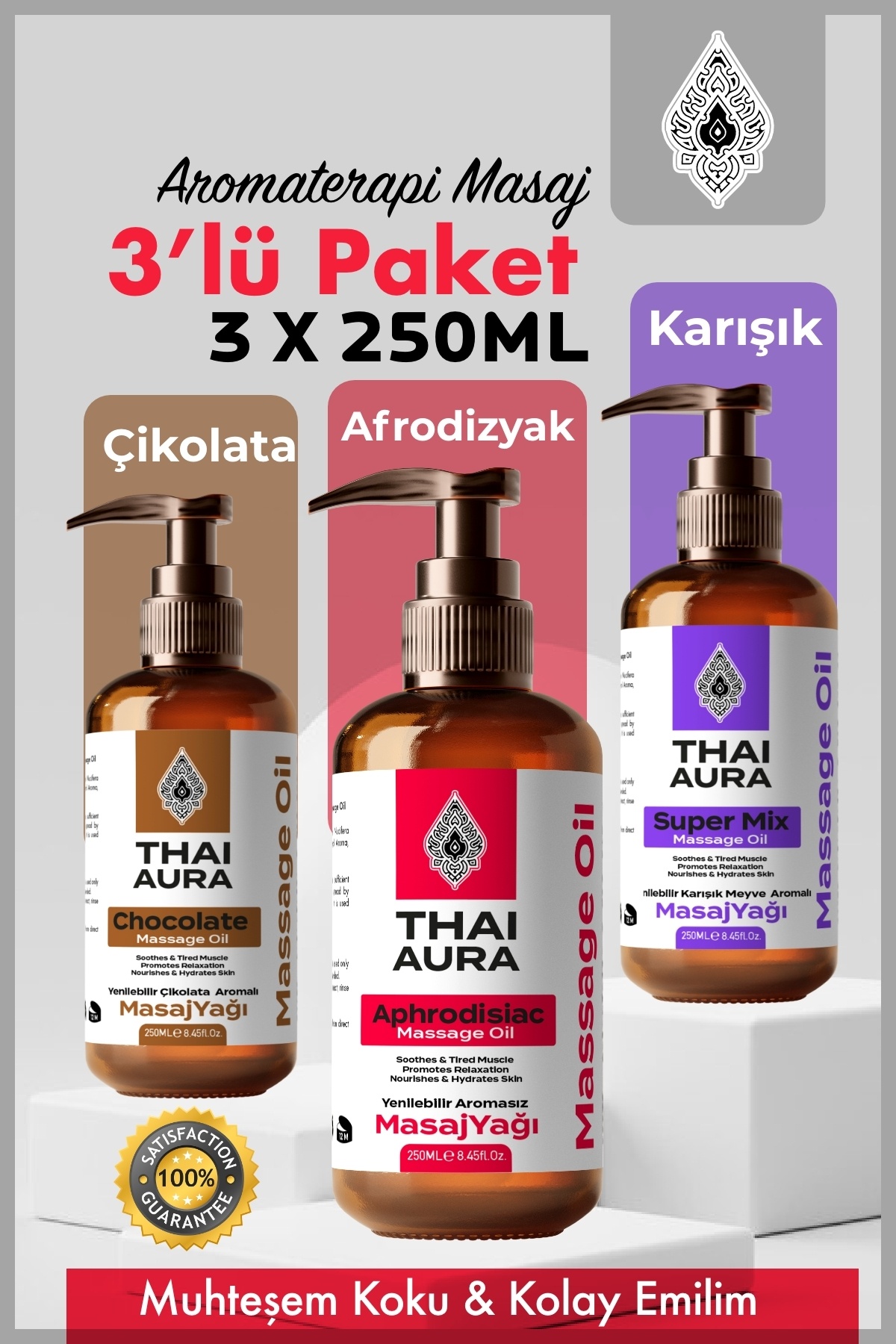 Thaialura 3x250ml Çikolata, Karışık Orman Meyveli Aromalı Ve Afro Dizyak Kayganlaştırıcı Etkili Masaj Yağı