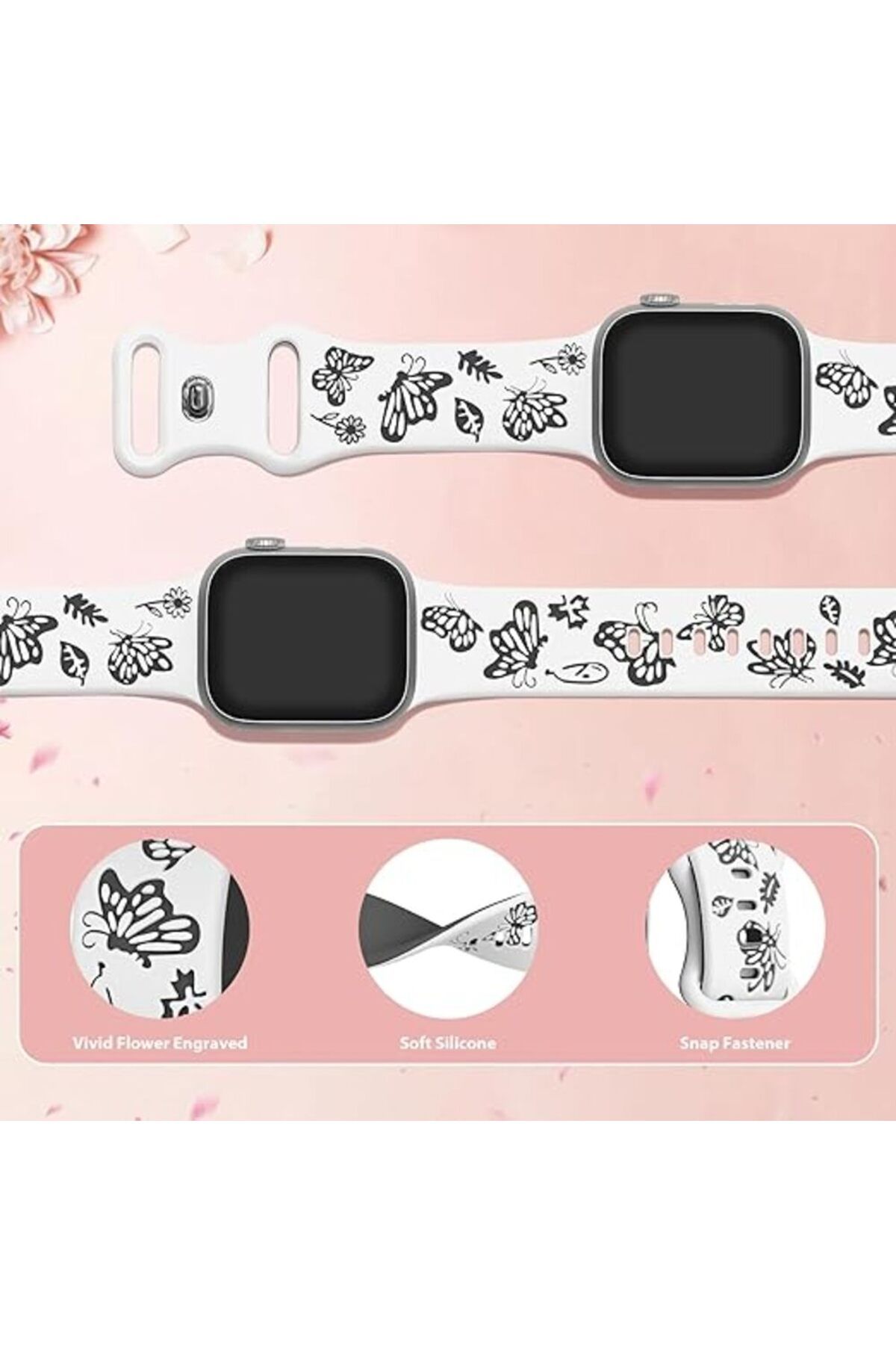bbtech Apple Watch 42 44 45 46 49 mm Series 10 9 8 7 SE 6 5 4 3 Uyumlu Kelebek Desen Yumuşak Silikon Kordon