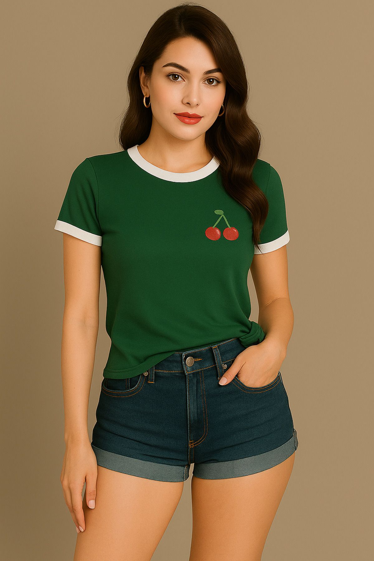 VBSVİBES Kiraz Baskılı T-Shirt - Yeşil Gövde Beyaz Biyeli Oversize Bisiklet Yaka Kısa Kol Tişört