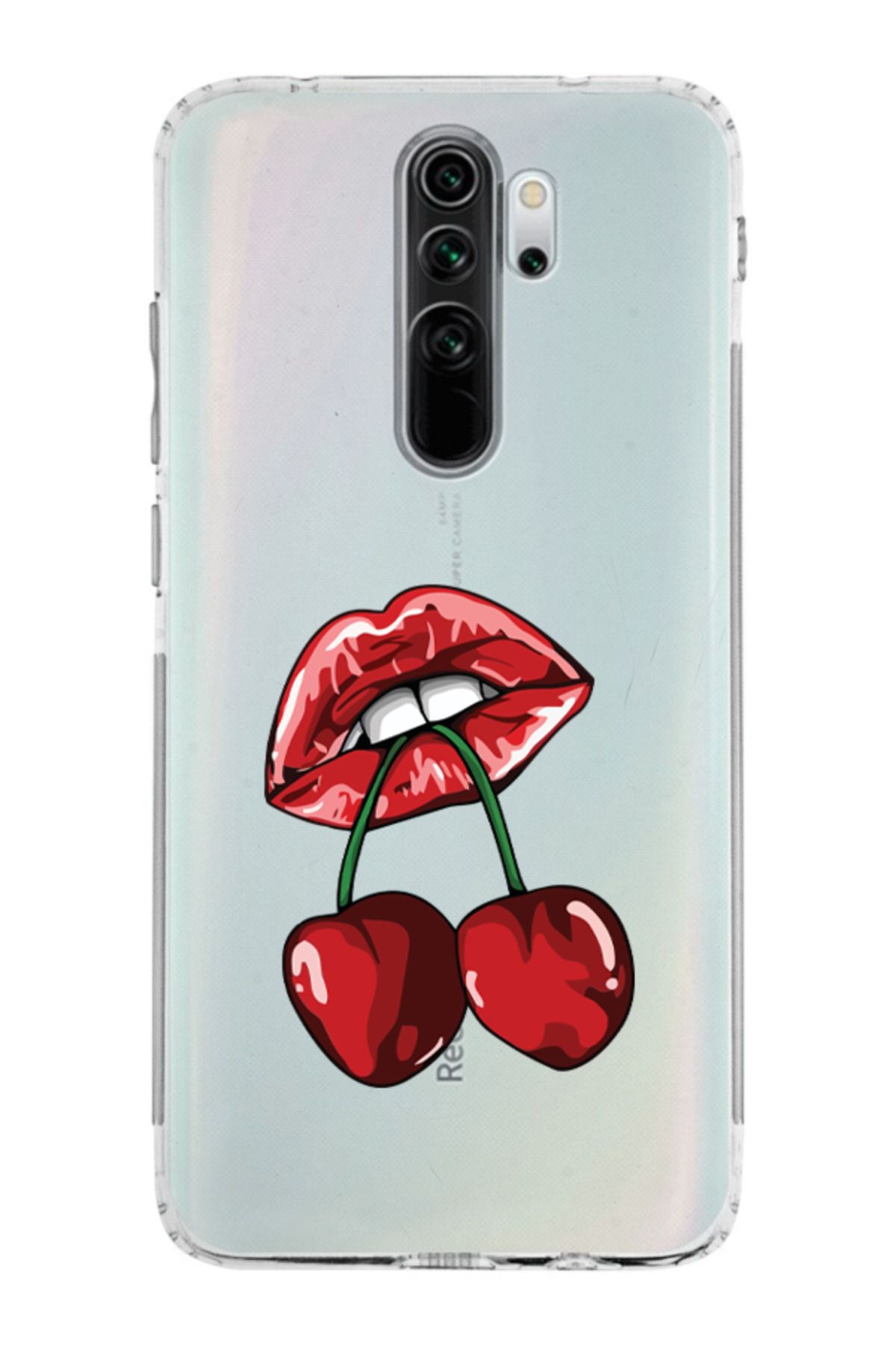 moonset Xiaomi Redmi Note 8 Pro Uyumlu Dudak ve Kiraz Tasarımlı Baskılı Şeffaf Telefon Kılıfı