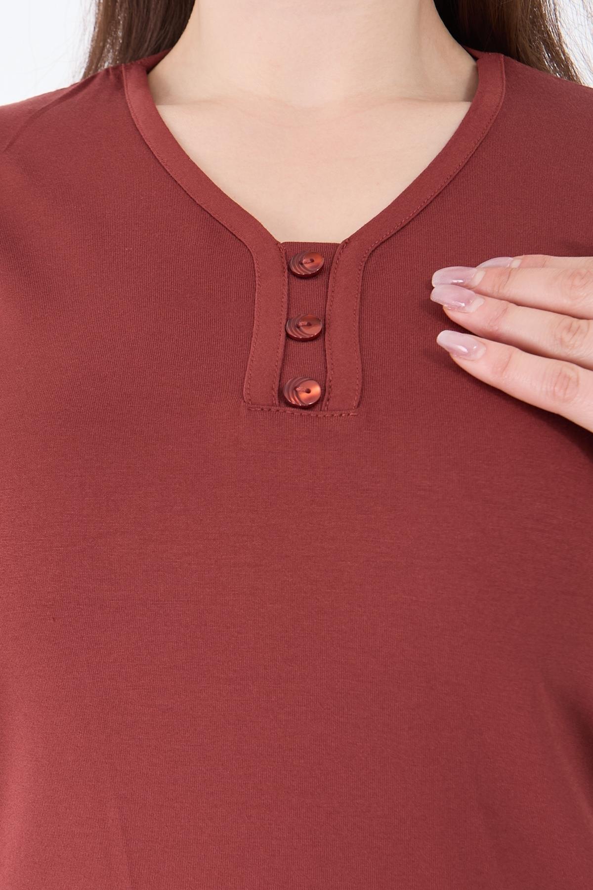 Ravencia-Women's Middle Age and Above V-Neck Lycra Tile Mother Combed Cotton Blouse 4