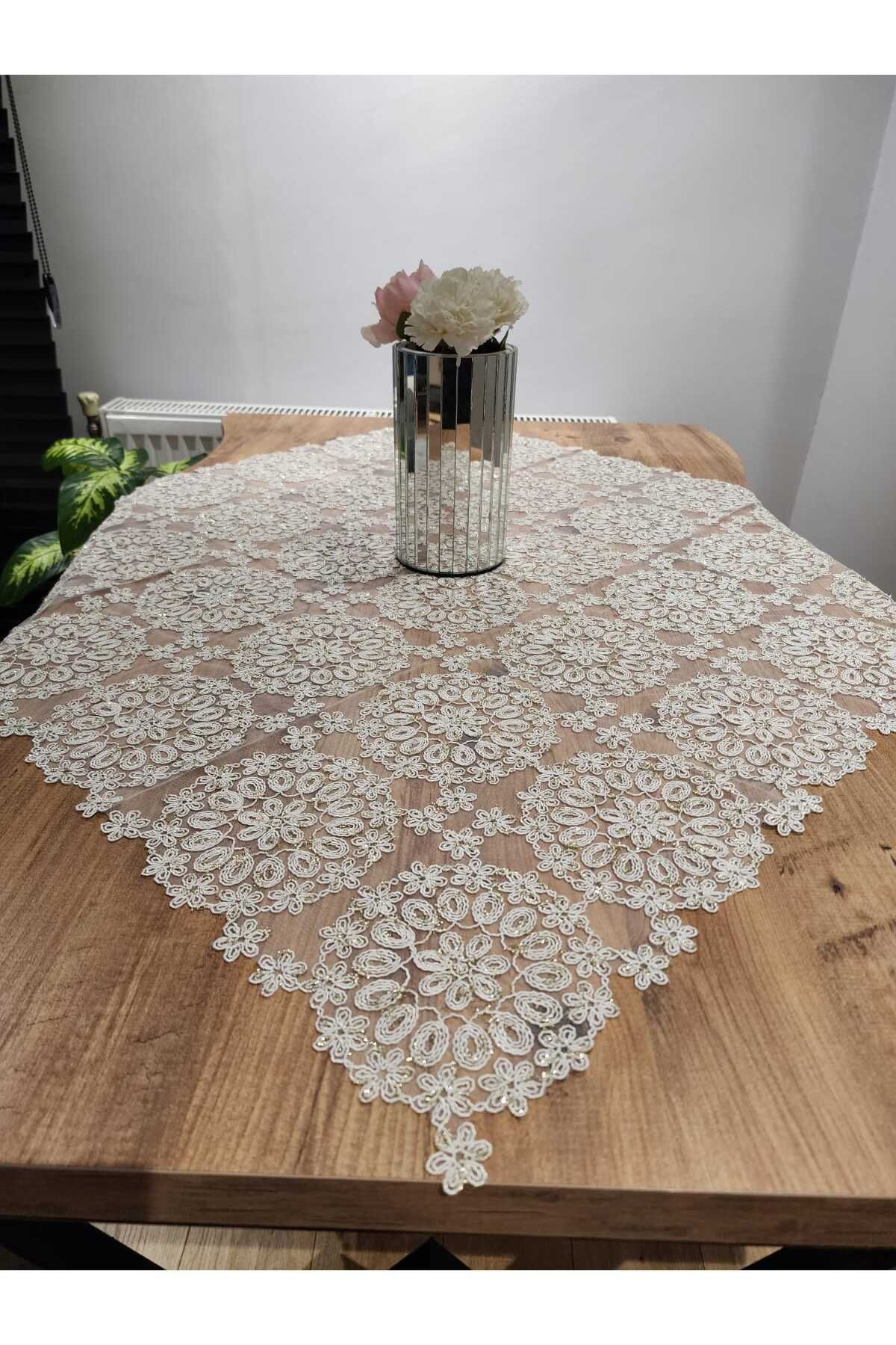YALINSHOME EV tekstil LÜX tasarım fiskos masa örtüsü ekru dantel 95x95cm