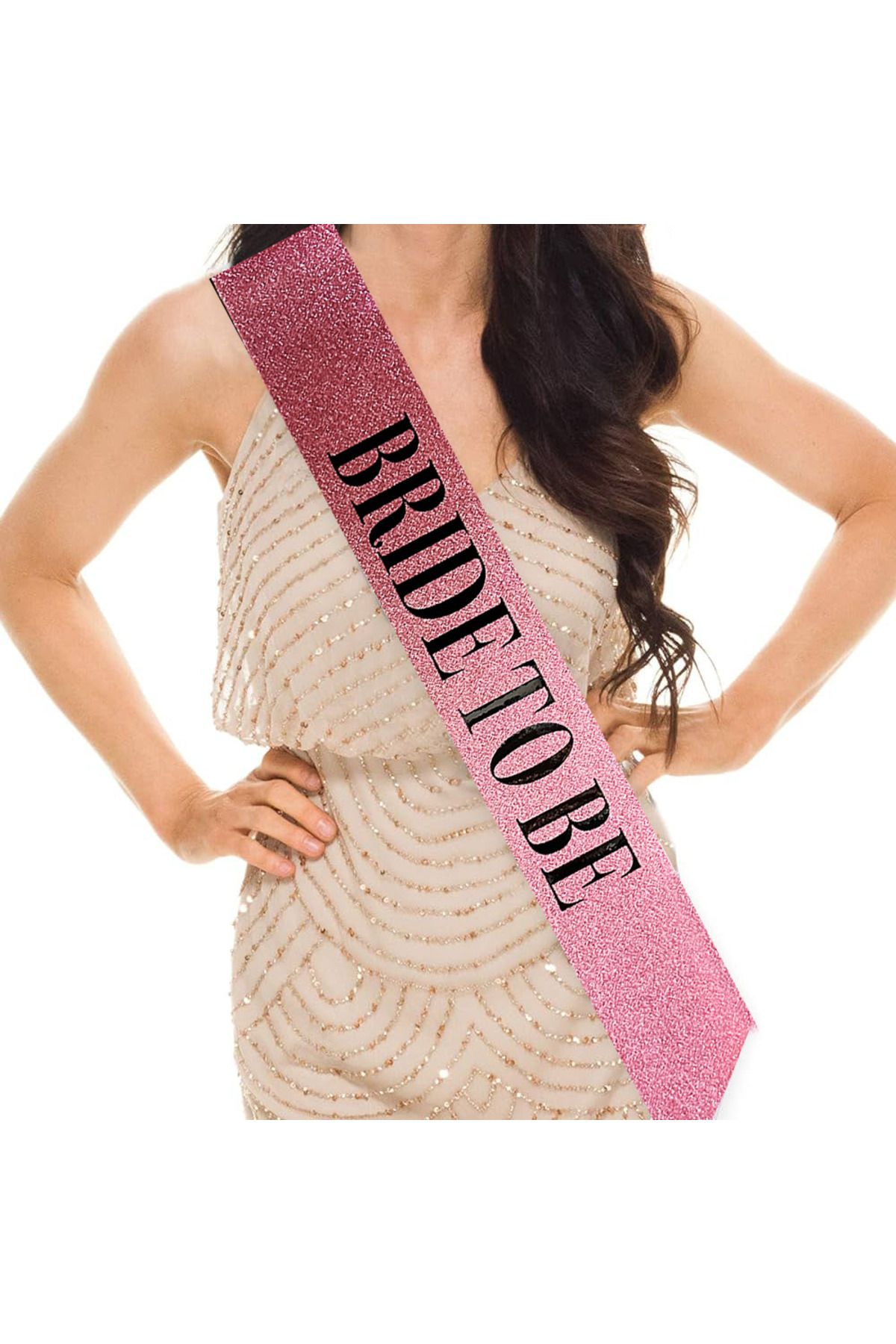 ShopZum Pembe Üzeri Siyah Büyük Bride To Be Yazılı Simli Işıltılı Kuşak Kemer 10 cm Genişlik