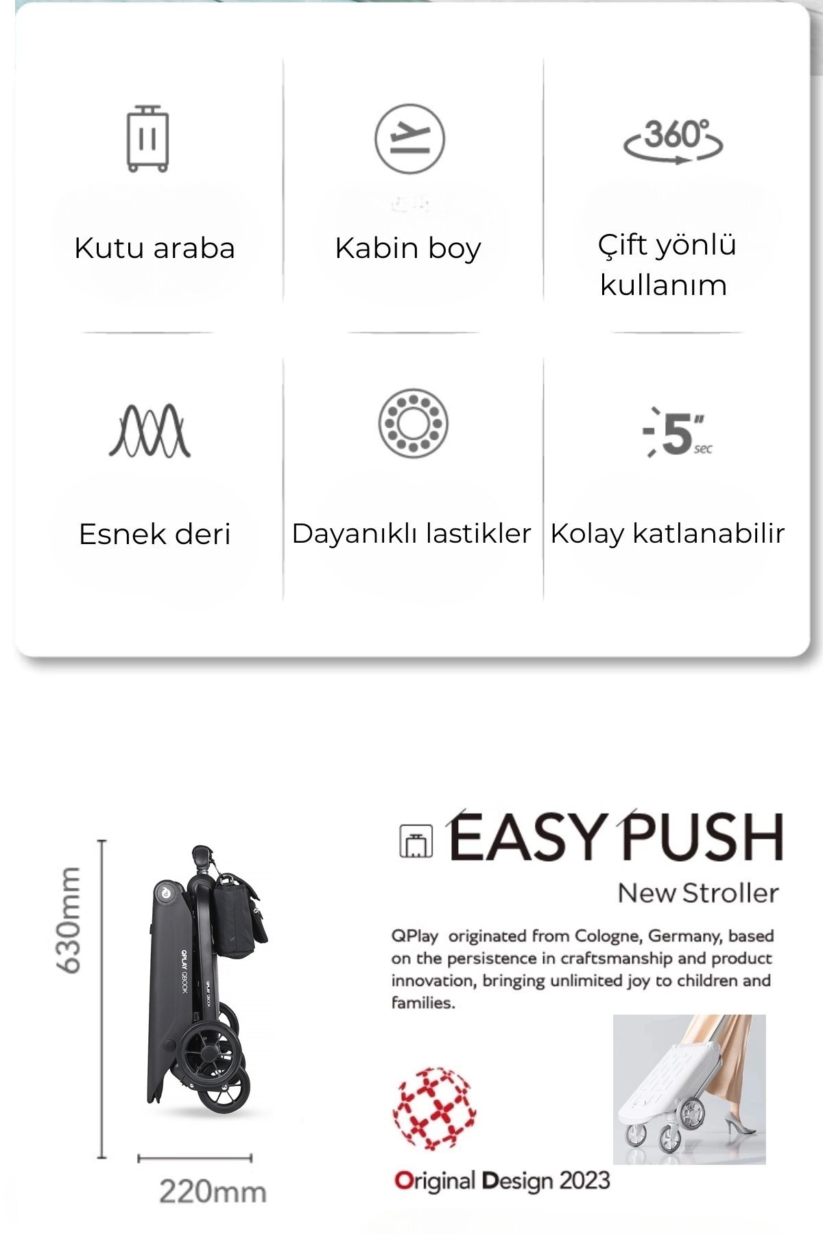 QPLAY Qbook 360 Derece Dönebilen Çift Taraflı Kabin Boy Bebek Arabası-Çanta Hediyeli Tesla Model Y Uyumlu fotoğrafı 5 (önizleme)