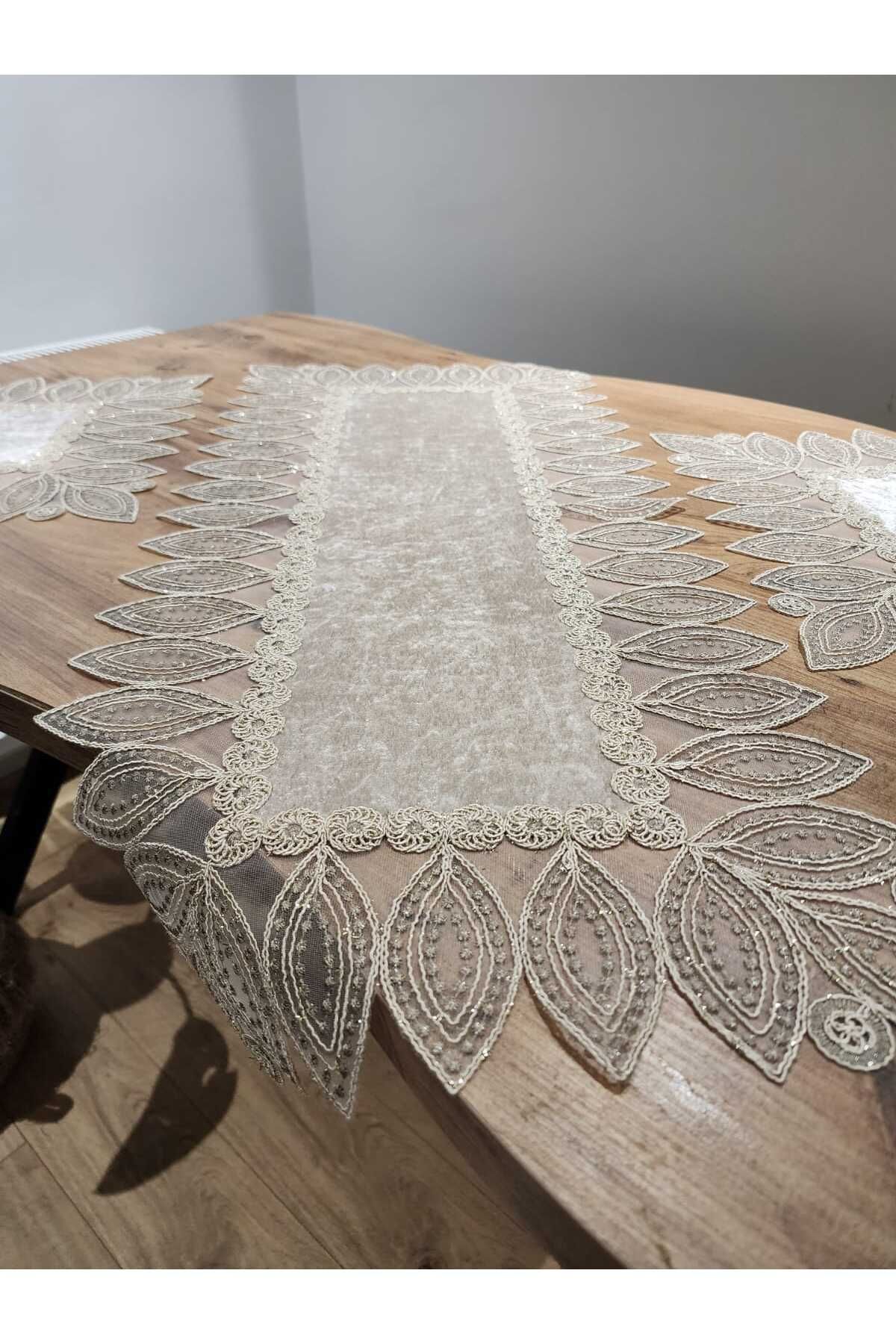 YALINSHOME LÜX tasarım 3 lü set dantel nakış işlemeli RUNNER:95X40 PEÇETE:40X40