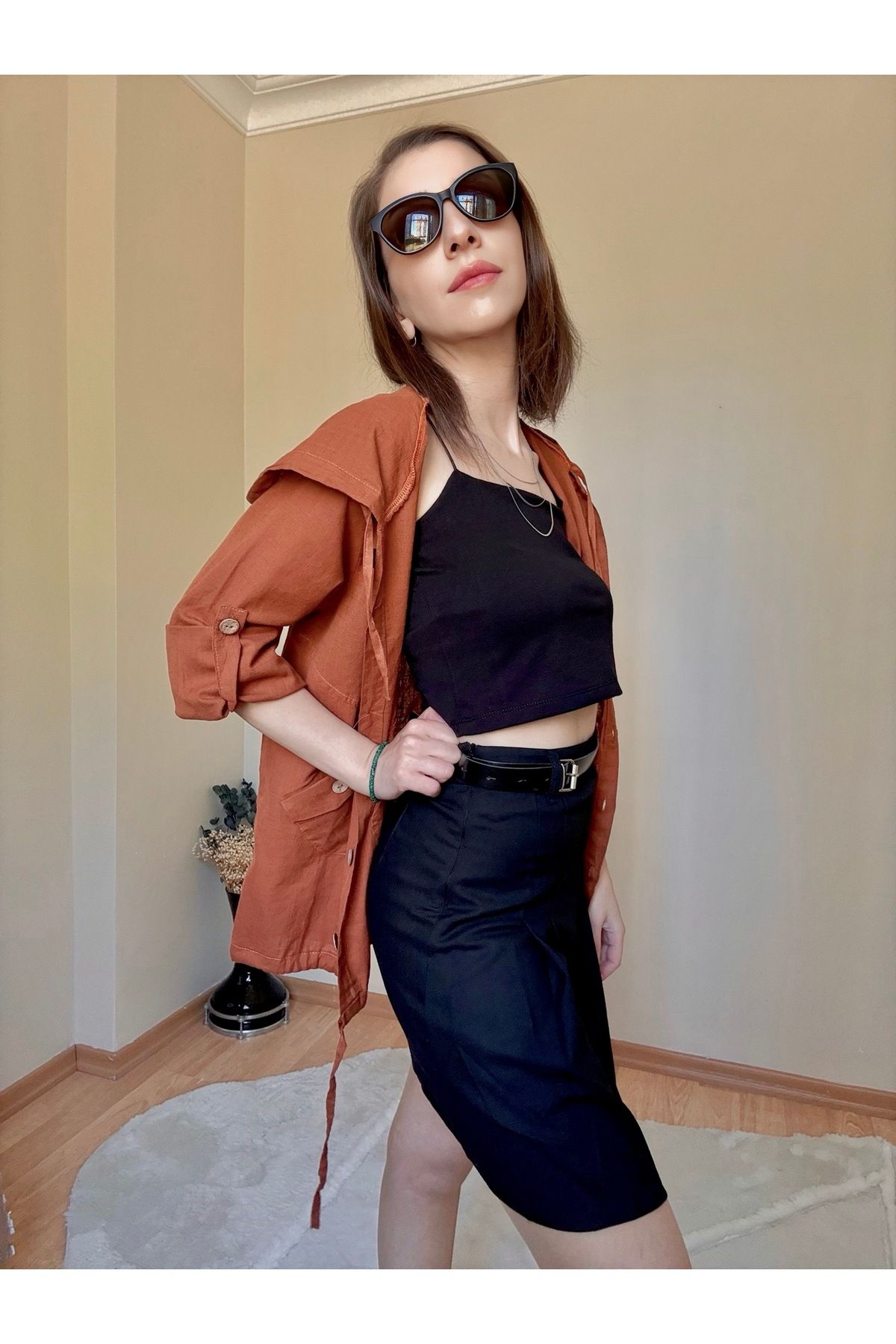 CCTWEAR Cep Detaylı Düğmeli Kapüşonlu Keten Ceket