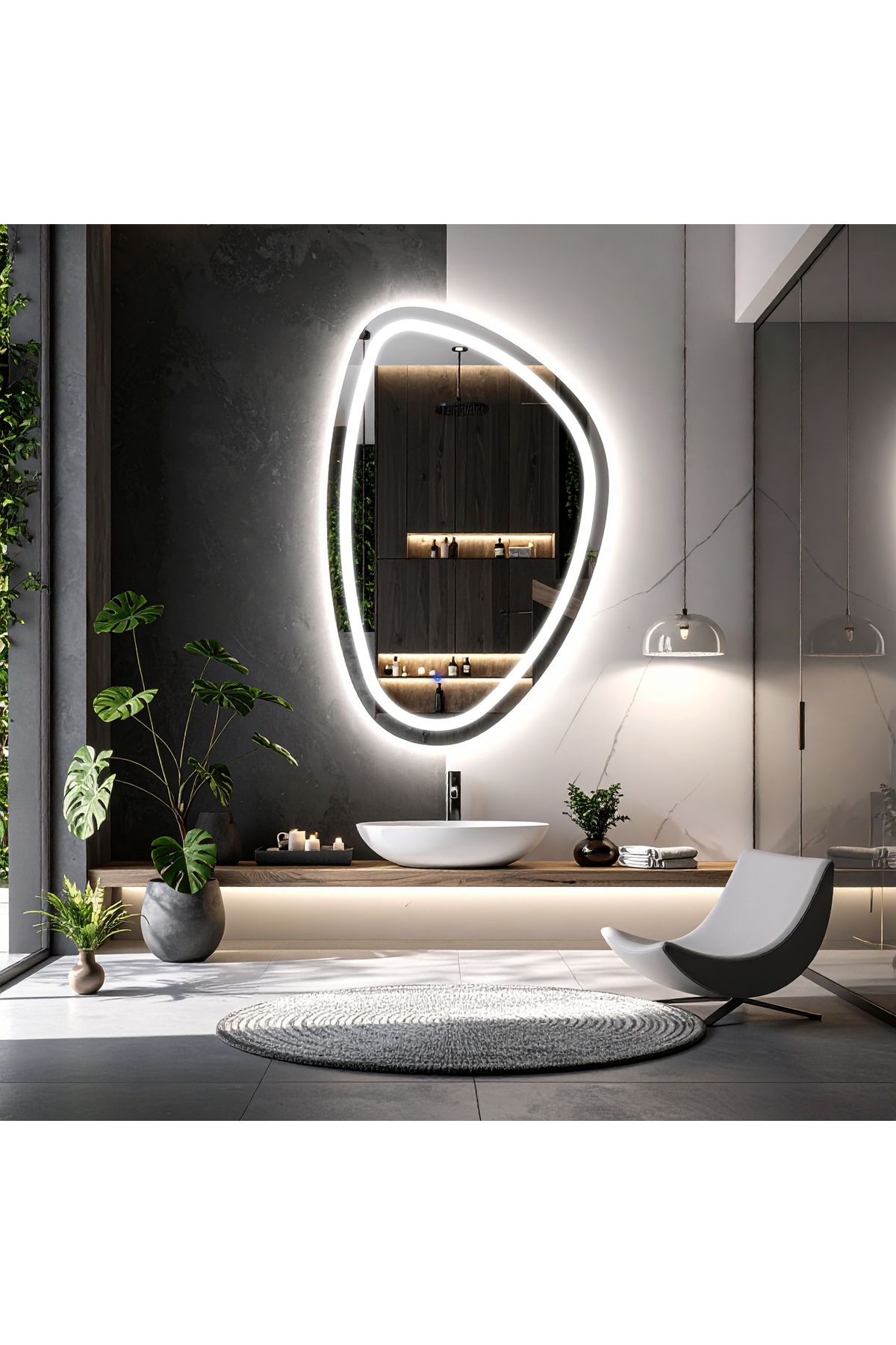lumora mirror design Diagonale Beyaz Led'li Kumlamalı Lavabo & Banyo Aynası (Dokunmatik Sensörlü)