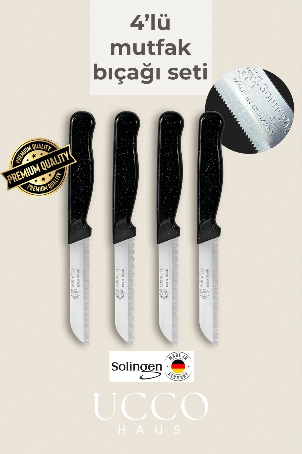 SolingenGermany Solingen 4'lü Lazerli Tırtıklı Mutfak Bıçağı – Simli Meyve Sebze Et Doğrama – Orijinal Alman Çeliği