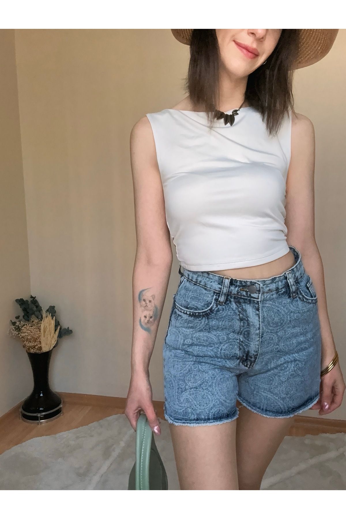 CCTWEAR Yıkamalı Desenli Denim Şort