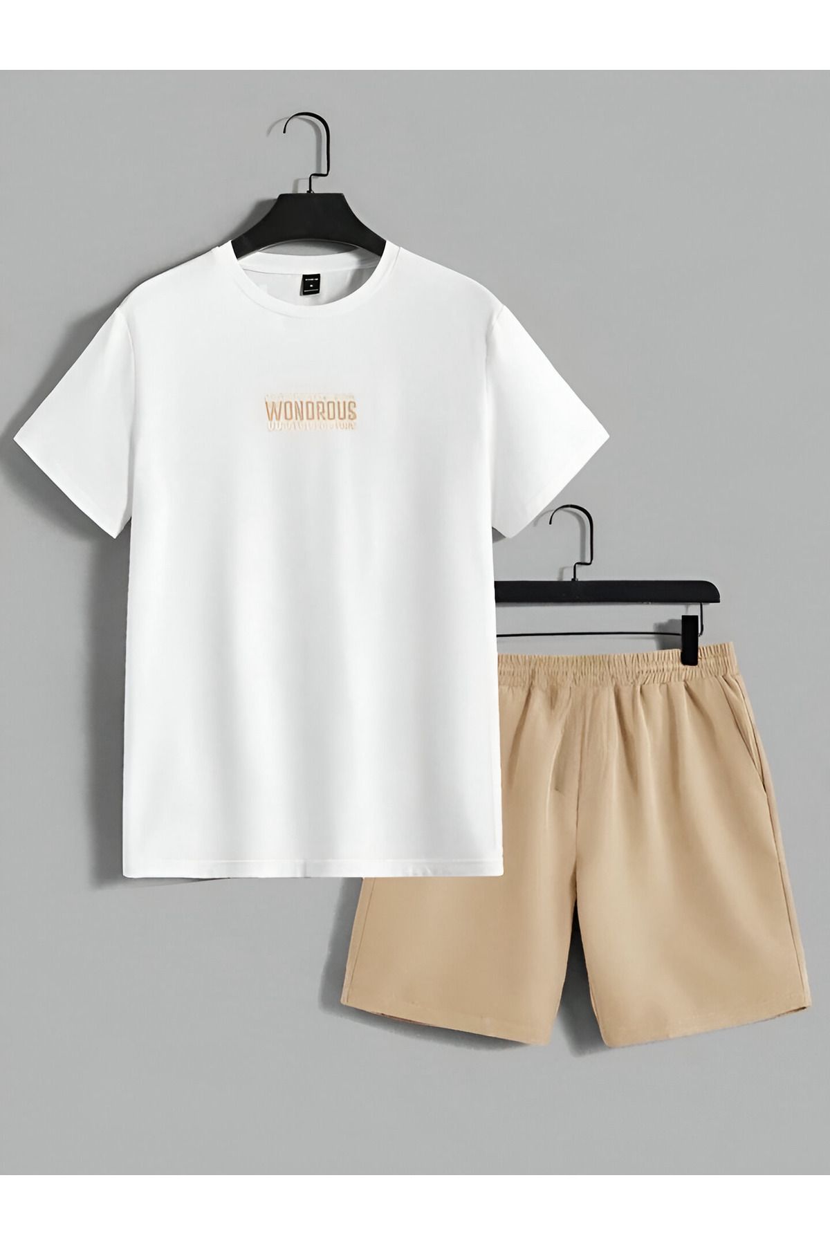 Cool Art Wondrous T-Shirt Şort - Beyaz Bej Alt Üst Takım Şort Tişört Kombin Baskılı Bisiklet Yaka