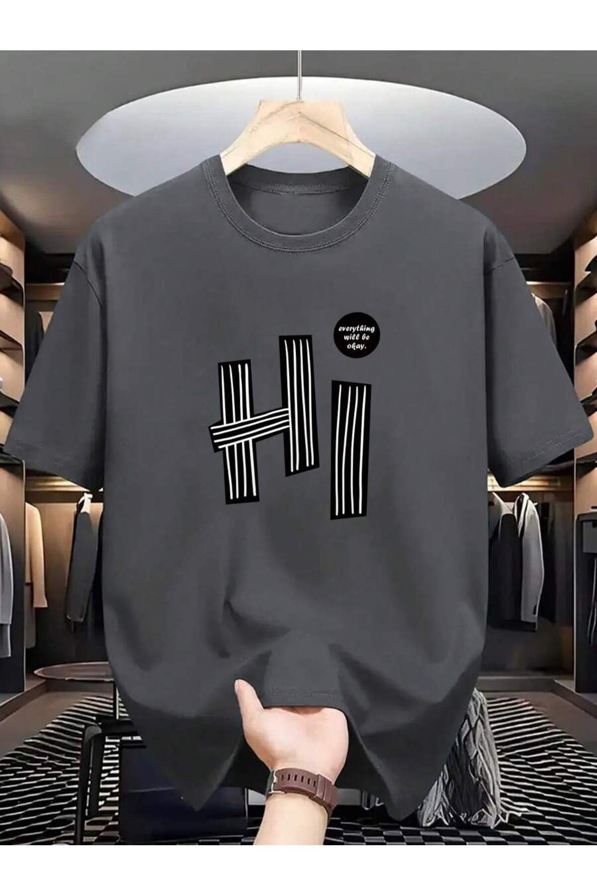 SeusCraft Füme Hi Tasarım Tişört - Baskılı Oversize Yazlık Kısa Kol T-Shirt Bisiklet Yaka