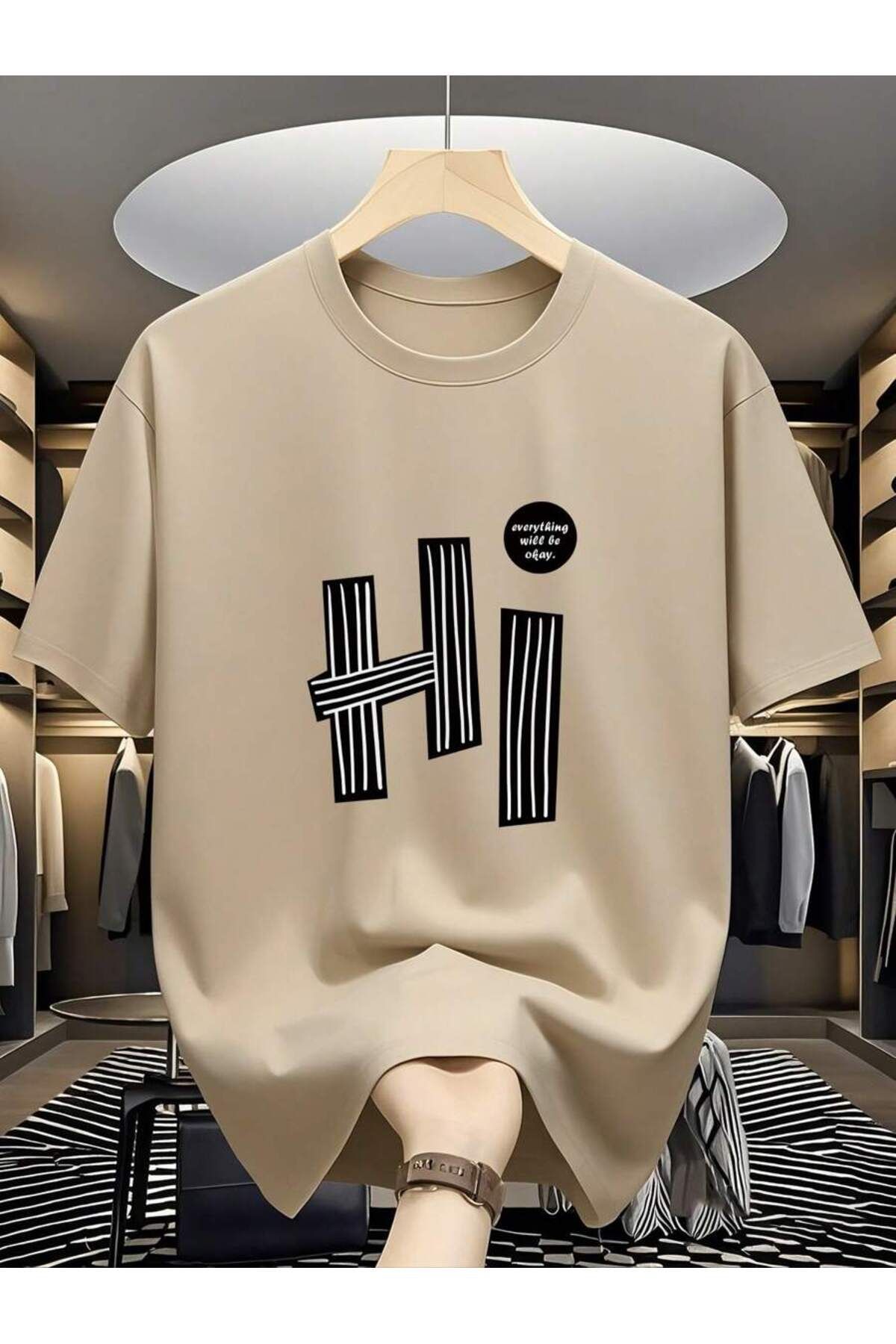 SeusCraft Bej Hi Tasarım Tişört - Baskılı Oversize Yazlık Kısa Kol T-Shirt Bisiklet Yaka