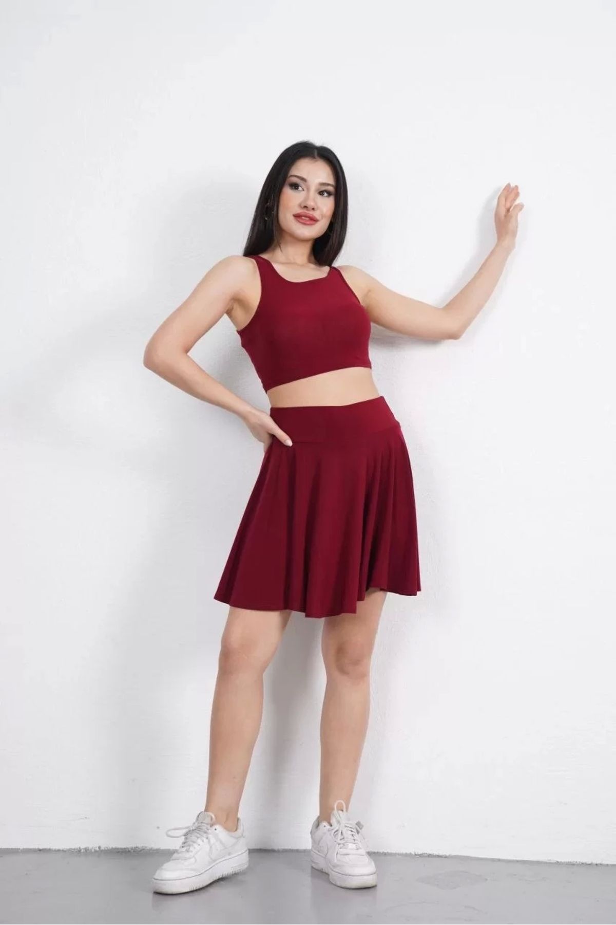 varis marketing Crop Şortlu Etek ikili Takım - Bordo