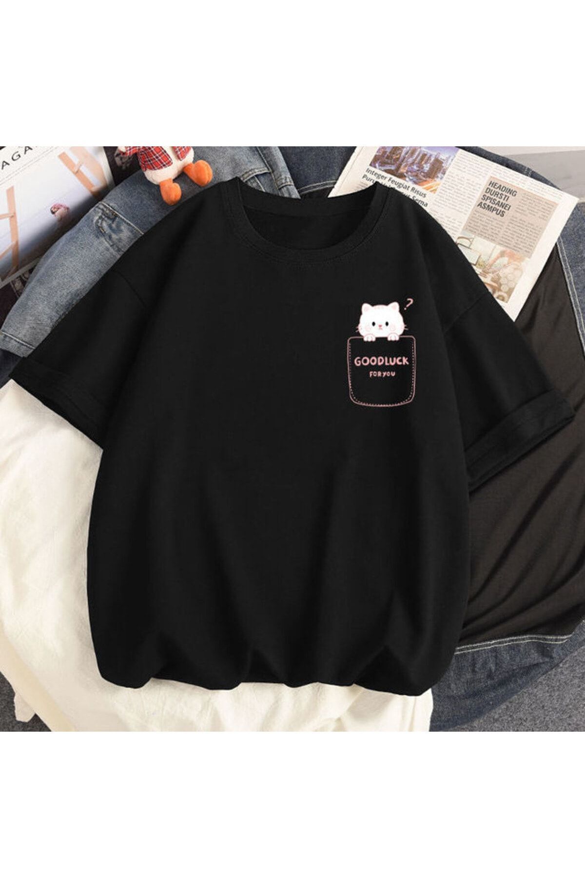 SeusCraft Siyah Good Luck Cep Tişört - Baskılı Oversize Yazlık Kısa Kol T-Shirt Bisiklet Yaka