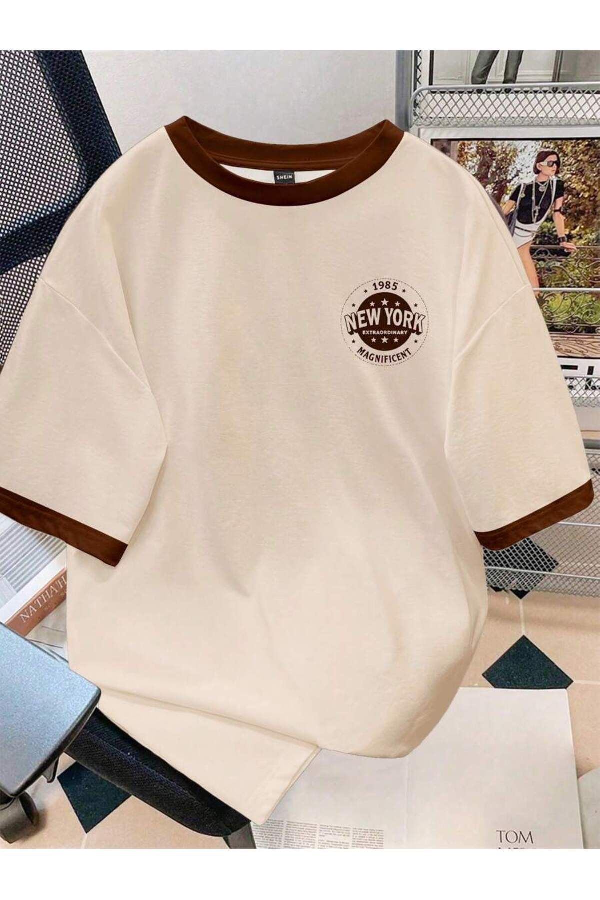 Cool Art Kahve Bej Parçalı New York Magnificent Tişört - Baskılı Oversize Kısa Kol T-Shirt Bisiklet Yaka