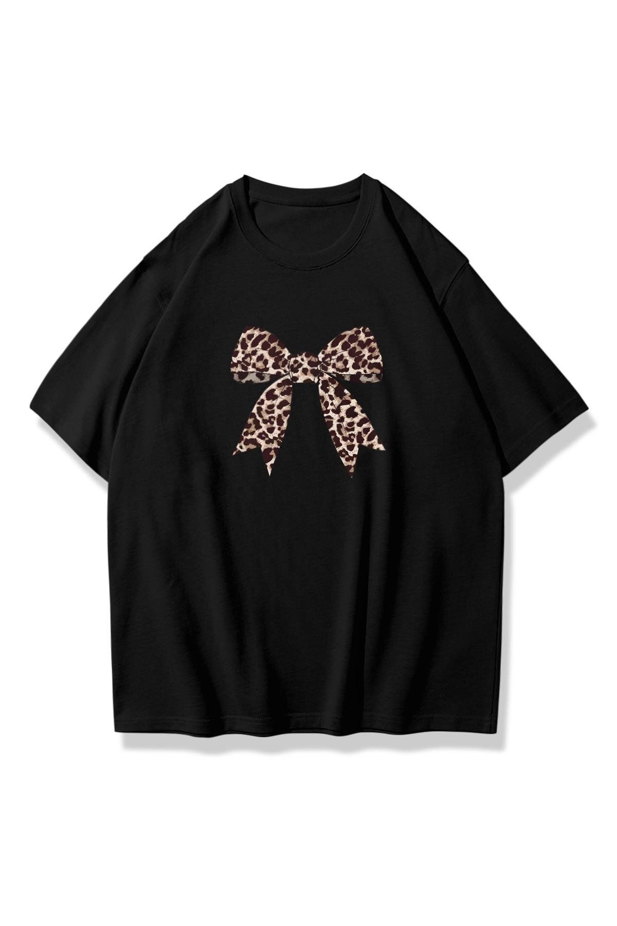 SeusCraft Siyah Leopar Kurdele Tişört - Baskılı Oversize Yazlık Kısa Kol T-Shirt Bisiklet Yaka