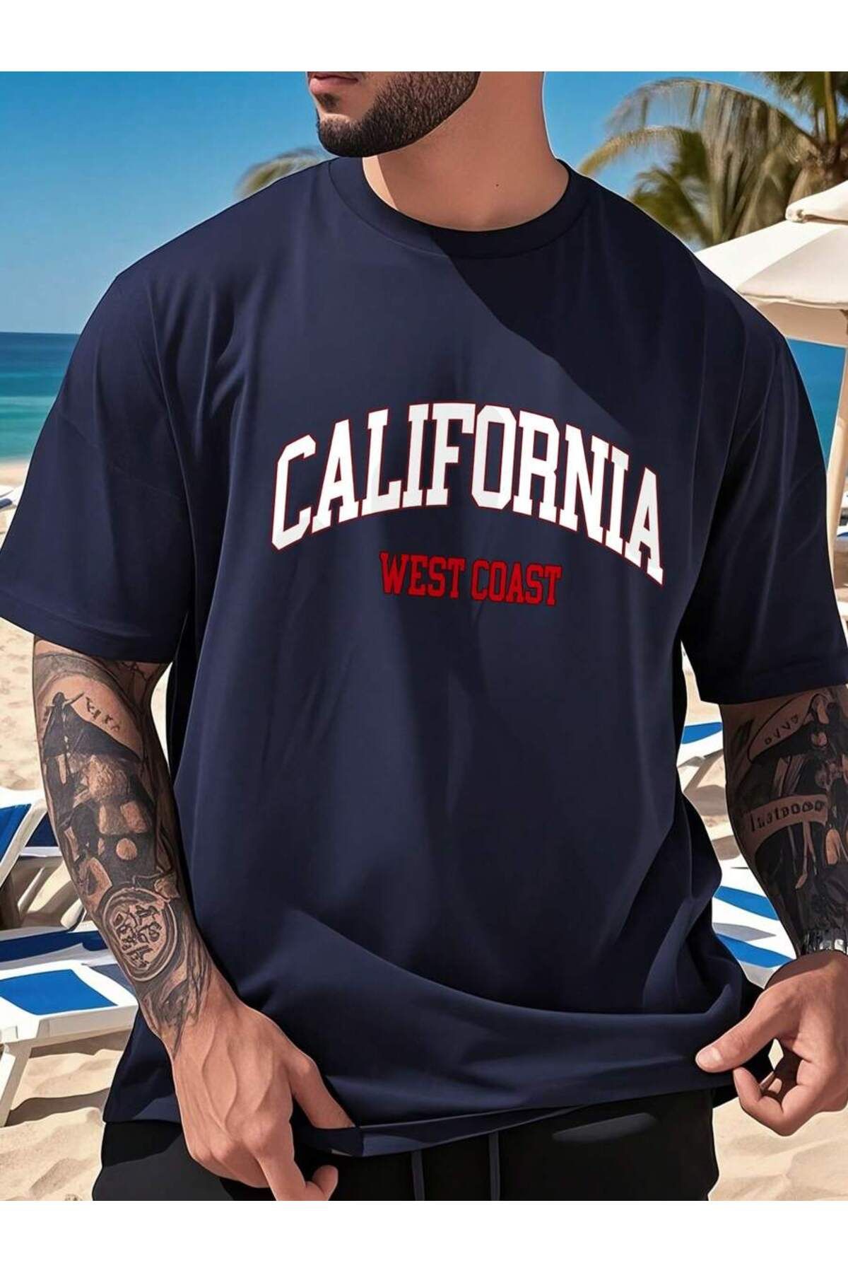 SeusCraft Lacivert California W.C Tişört - Baskılı Oversize Yazlık Kısa Kol T-Shirt Bisiklet Yaka