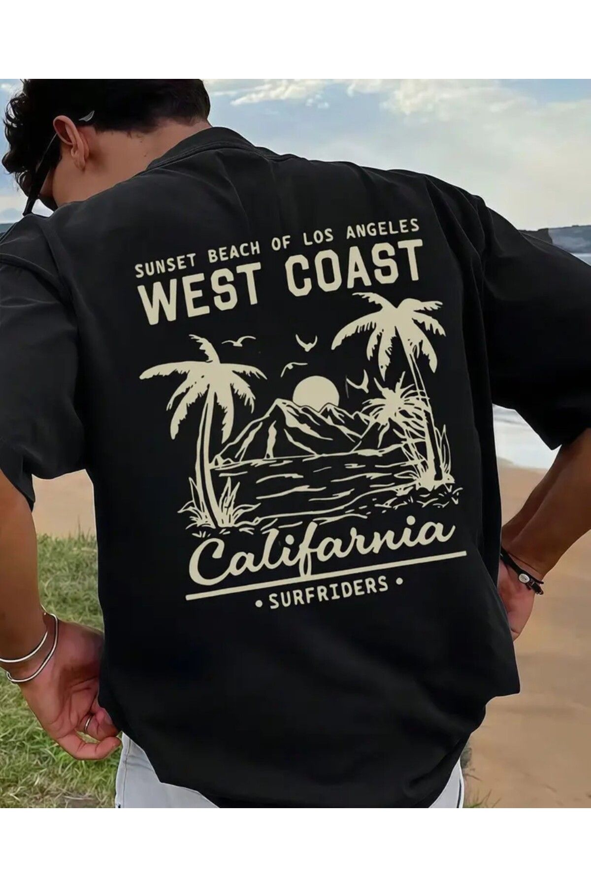 trend selection West Coast California Baskılı, Oversize, Bisiklet Yaka T-shirt