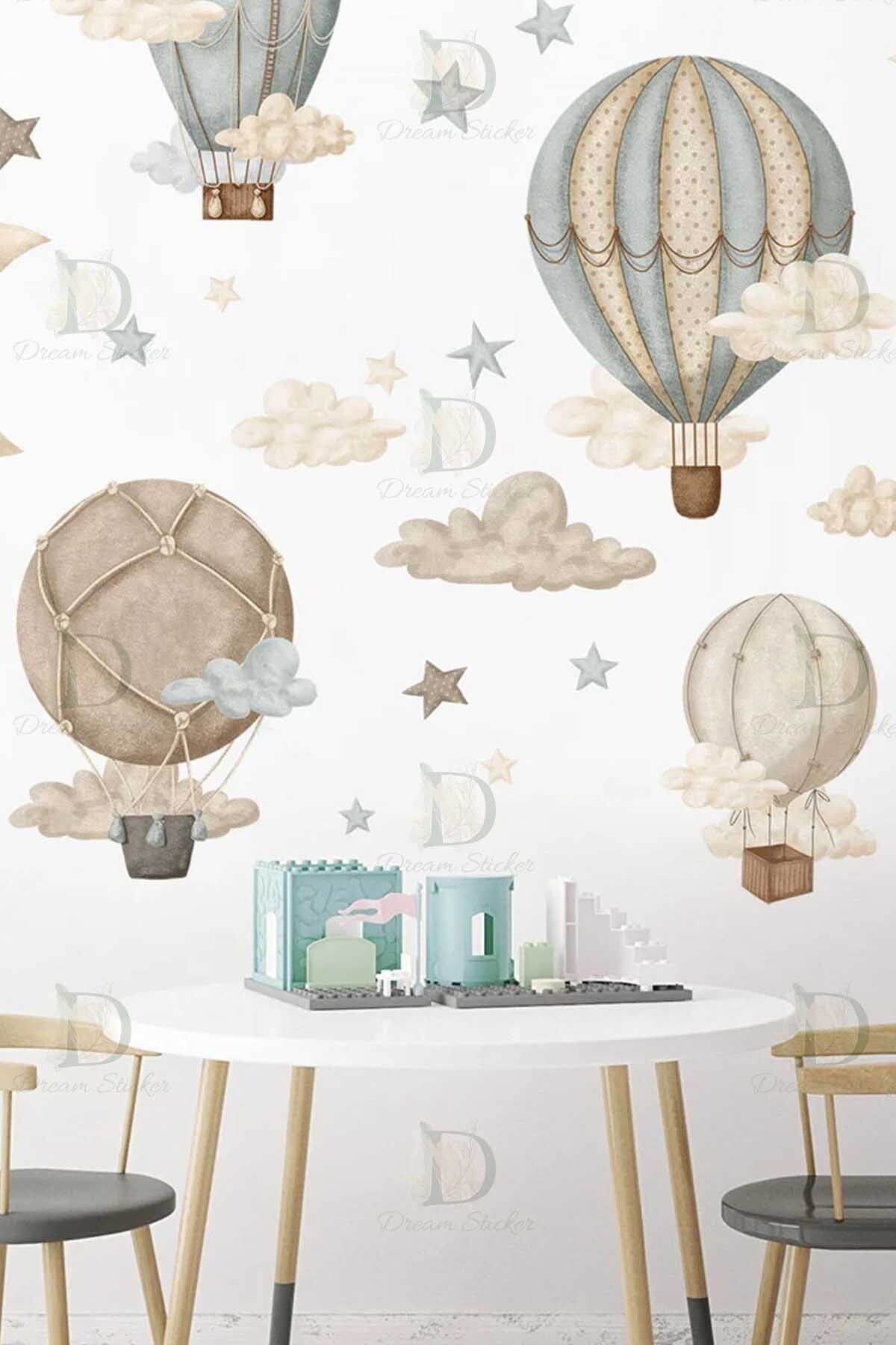 KT Decor Gökyüzü Rüyası Retro Balonlar Yıldızlar ve Bulutlar Çocuk Odası Duvar Sticker Seti