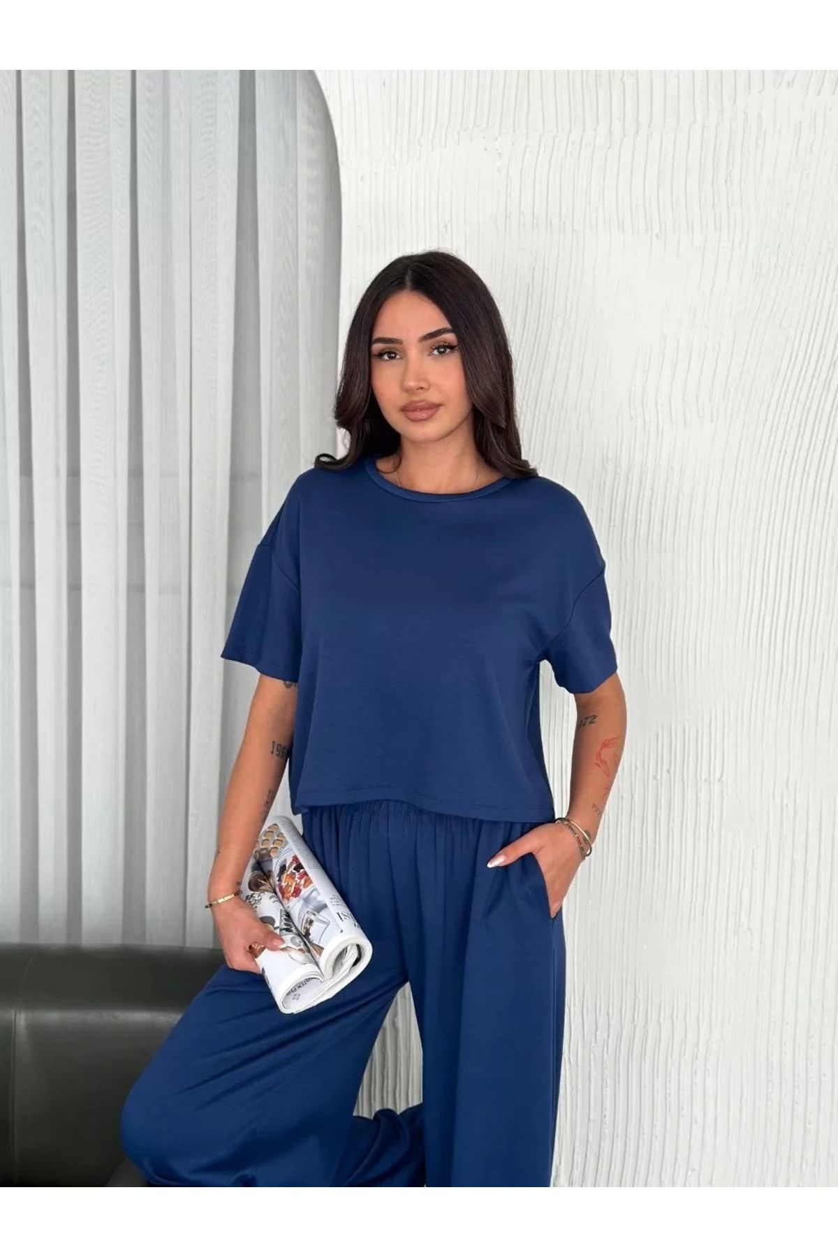 LUSHİOWEAR Osy Modal Yumuşak Dokulu Kumaş Bisiklet Yaka T-shirt Bol paça Pantalon ikili Takım -Saks Mavi