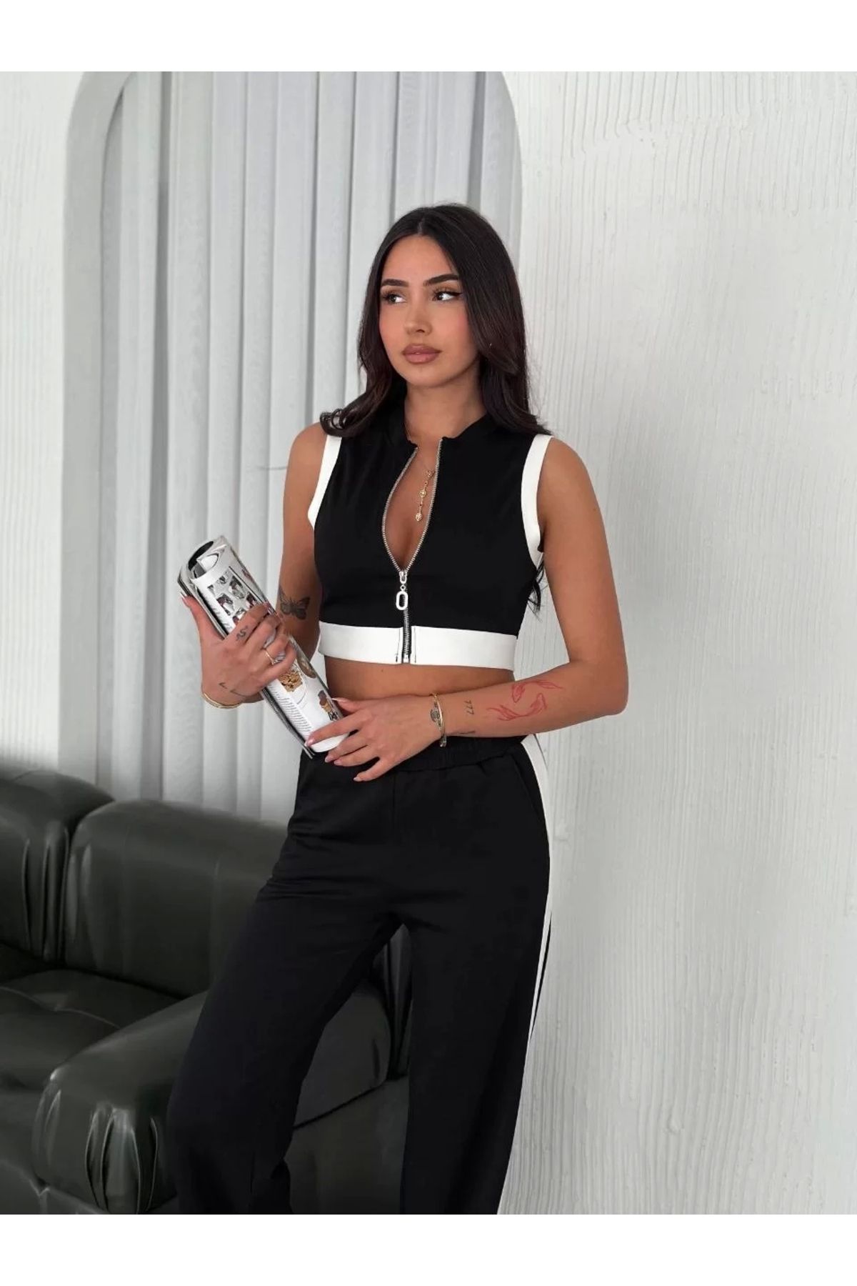 LUSHİOWEAR Osy Modal Yumuşak Dokulu Kumaş Tam Fermuarlı Crop Pantalon İkili Takım - Siyah