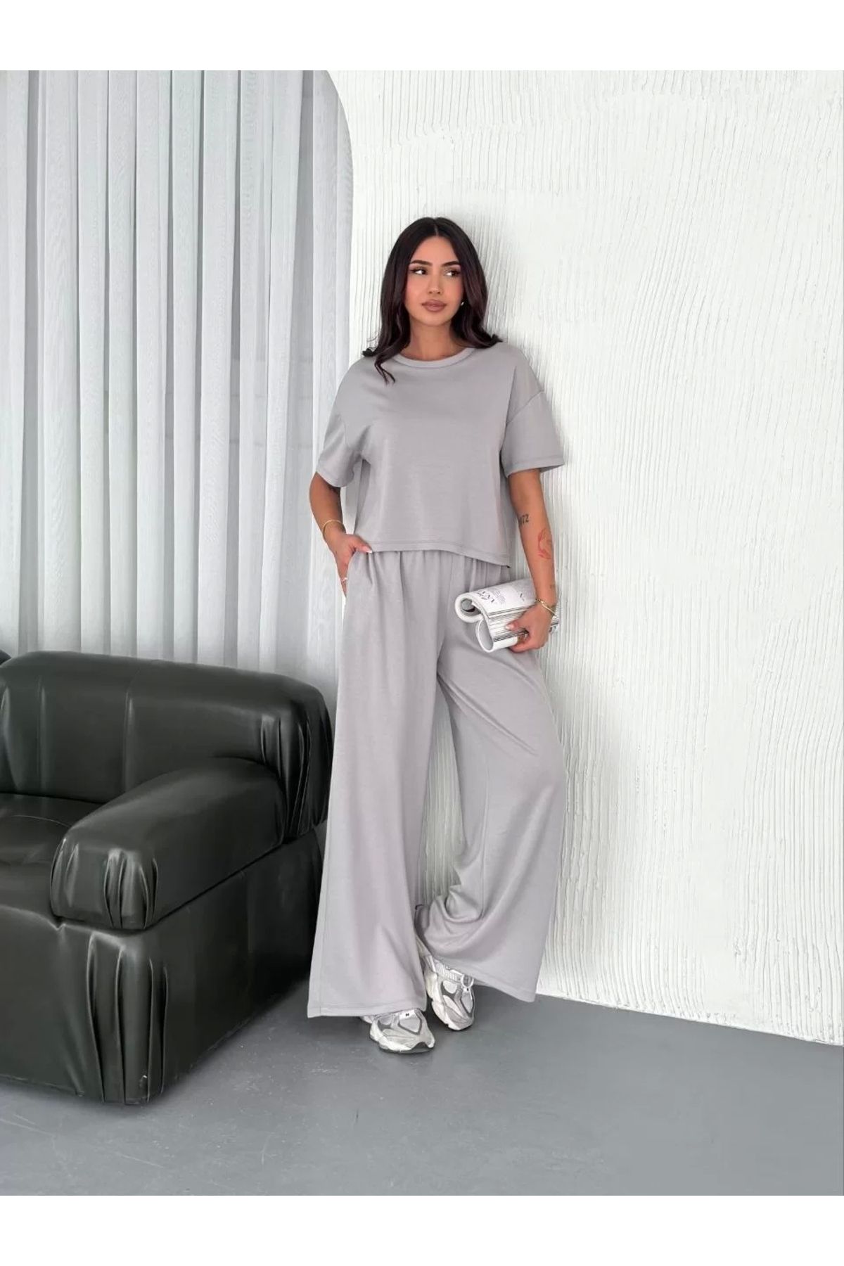 LUSHİOWEAR Osy Modal Yumuşak Dokulu Kumaş Bisiklet Yaka T-shirt Bol paça Pantalon ikili Takım - Boyalı Gri