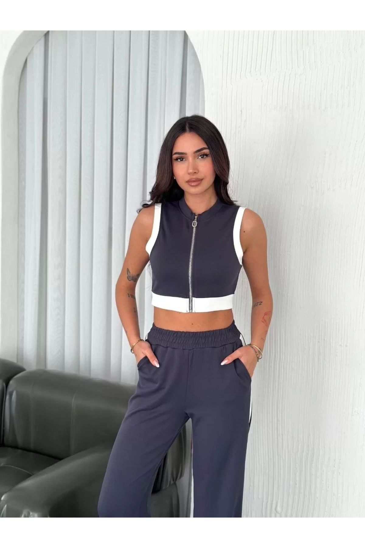 LUSHİOWEAR Osy Modal Yumuşak Dokulu Kumaş Tam Fermuarlı Crop Pantalon İkili Takım - Antrasit