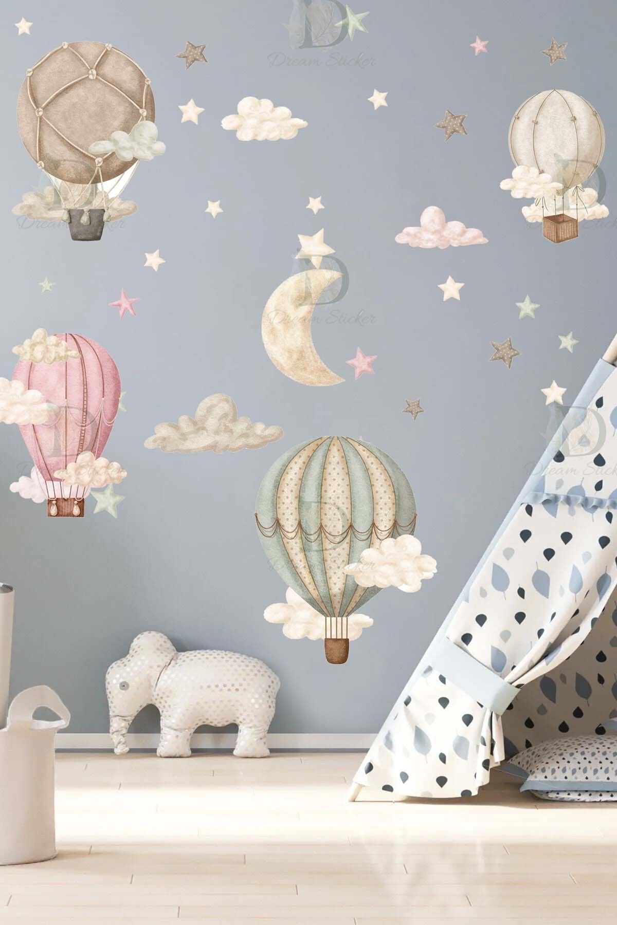 KT Decor Gökyüzü Rüyası Retro Balonlar Yıldızlar ve Bulutlar Çocuk Odası Duvar Sticker Seti