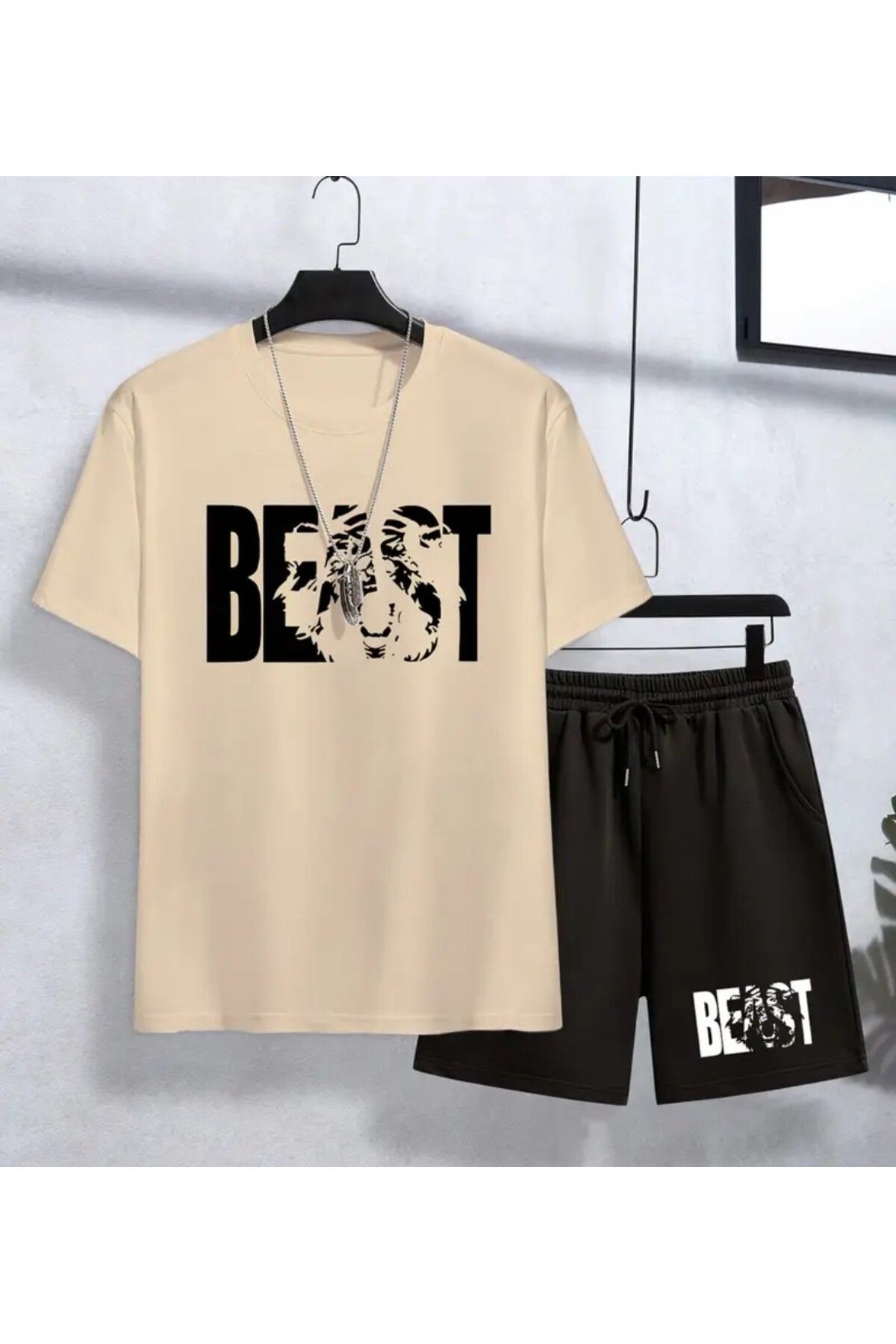trend selection Beast Baskılı, Oversize, Bisiklet Yaka T-shirt ve Şort, Alt Üst Takım