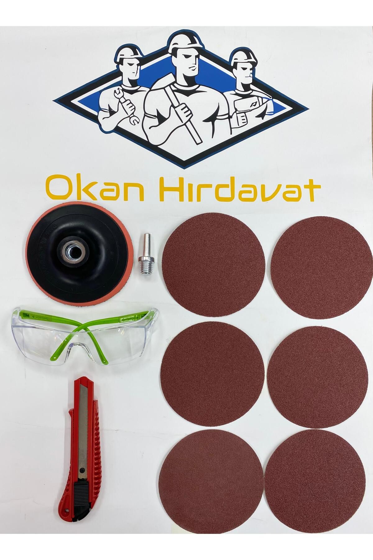 OKN PROFESSİONEL Cırt Zımpara Seti Matkap Aparatı Gözlük Falçata 115 Mm 10 Parça OKAN HIRDAVAT