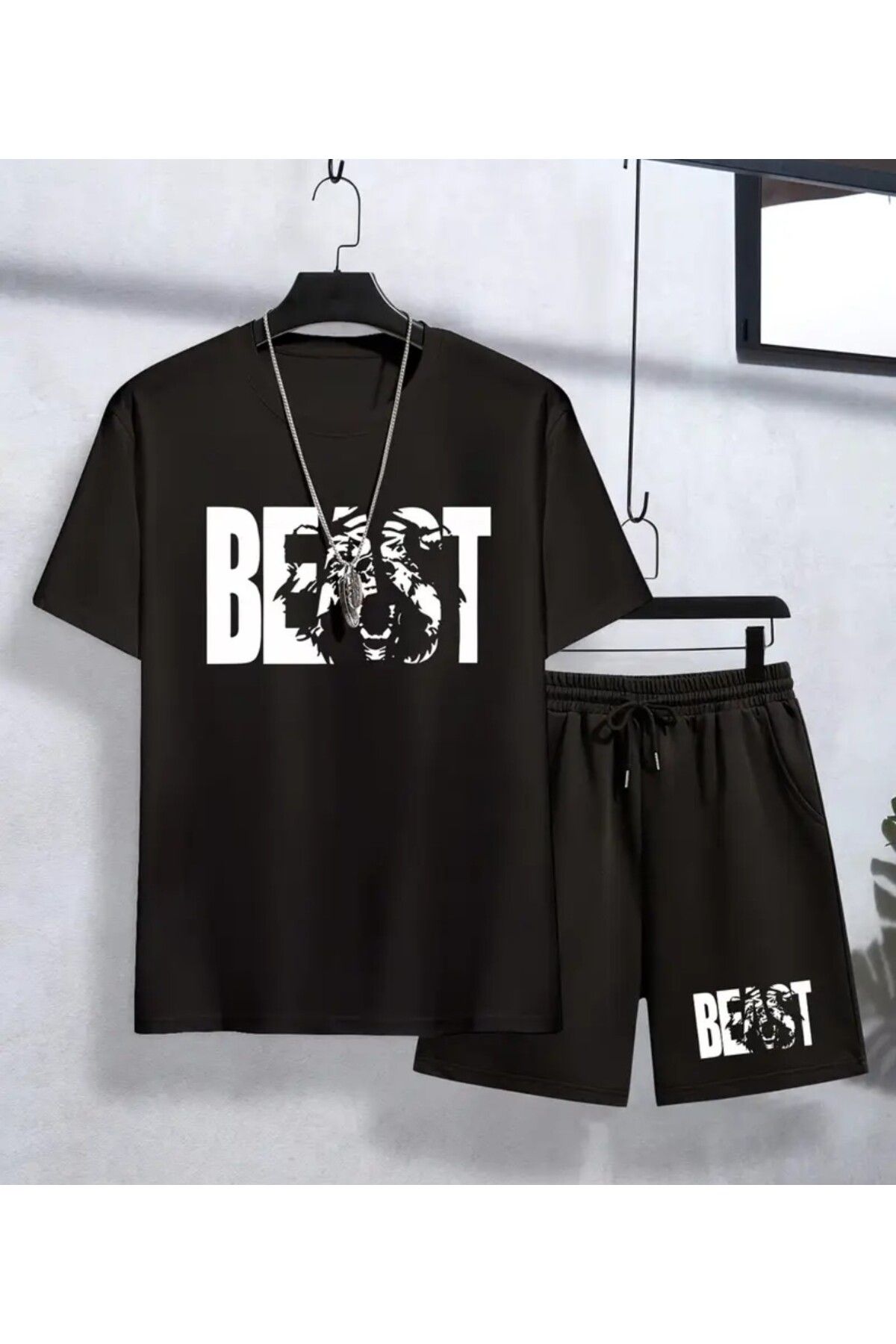 trend selection Beast Baskılı, Oversize, Bisiklet Yaka T-shirt ve Şort, Alt Üst Takım