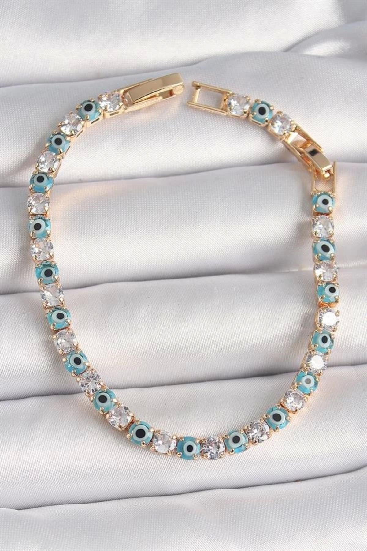 FASHIONLINE Pirinç Gold Renk Su Yolu Zirkon Taşlı Nazar Boncuklu Kadın Bileklik