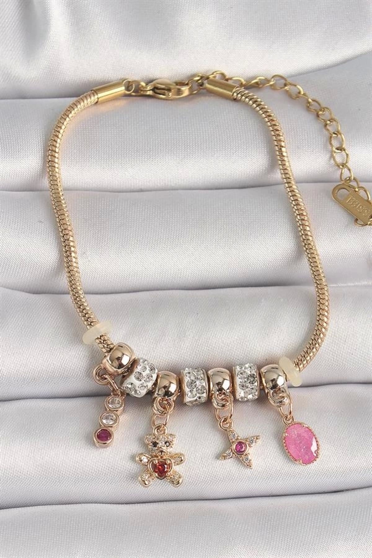 FASHIONLINE Pirinç Gold Renk Zincir Sallantı Zirkon Taşlı Ayıcık Figür Yıldız Detay Kadın Bileklik