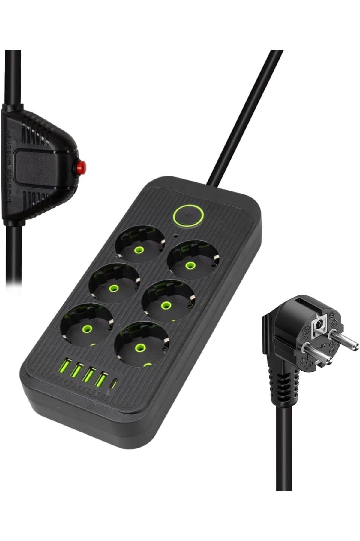 MEGOBİNE WHERE 6'lı Akım Korumalı Priz, Anahtarlı, Topraklı, Çocuk Korumalı, 1.5 Metre Kablo, 4 x USB,