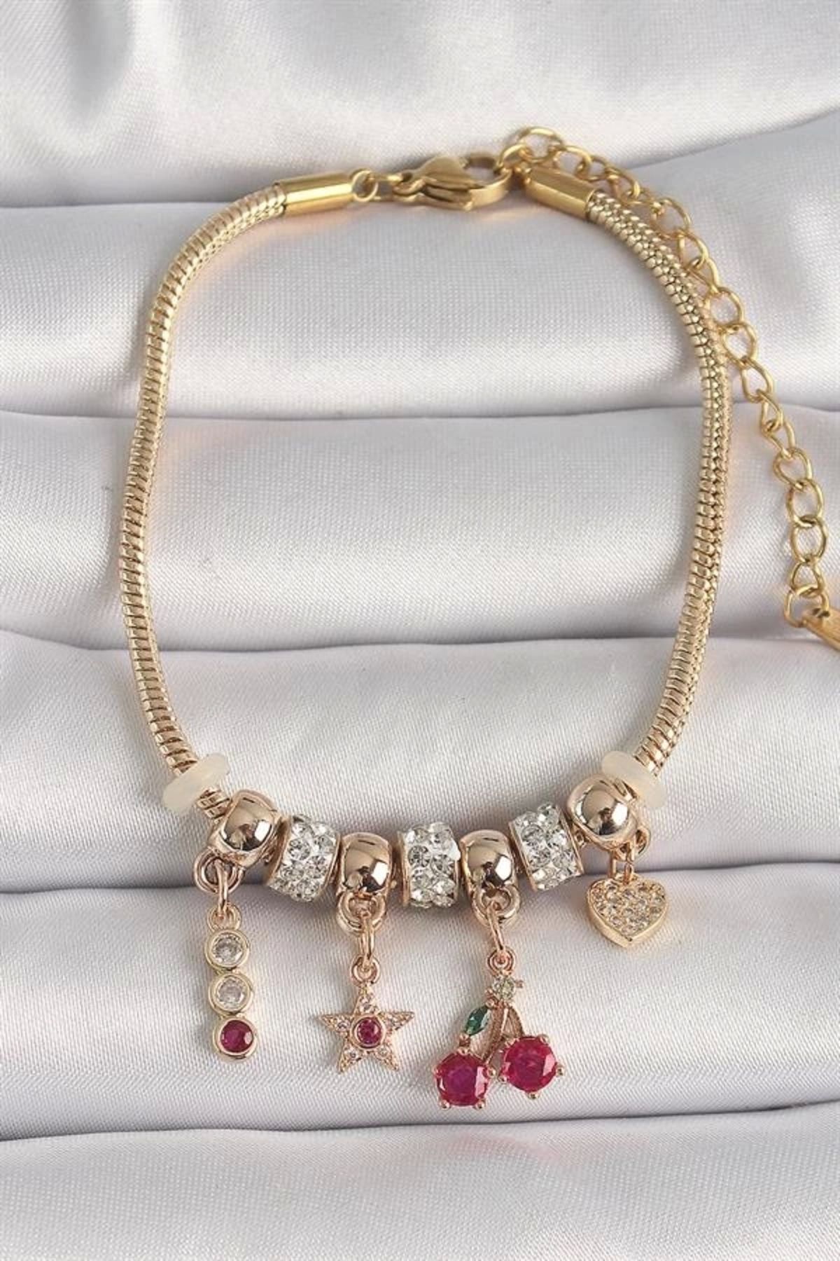 FASHIONLINE Pirinç Gold Renk Zincir Sallantı Zirkon Taşlı Kiraz Figür Kalp Detay Kadın Bileklik