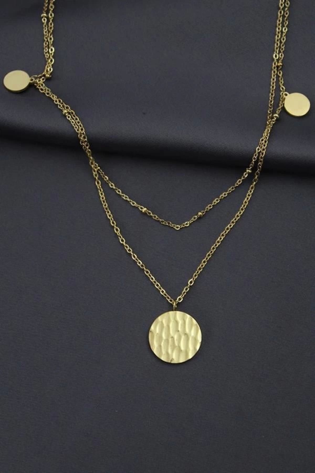 FASHIONLINE Çelik Gold Renk Desenli Oval Model Çift Zincir Tasarımlı Kadın Kolye