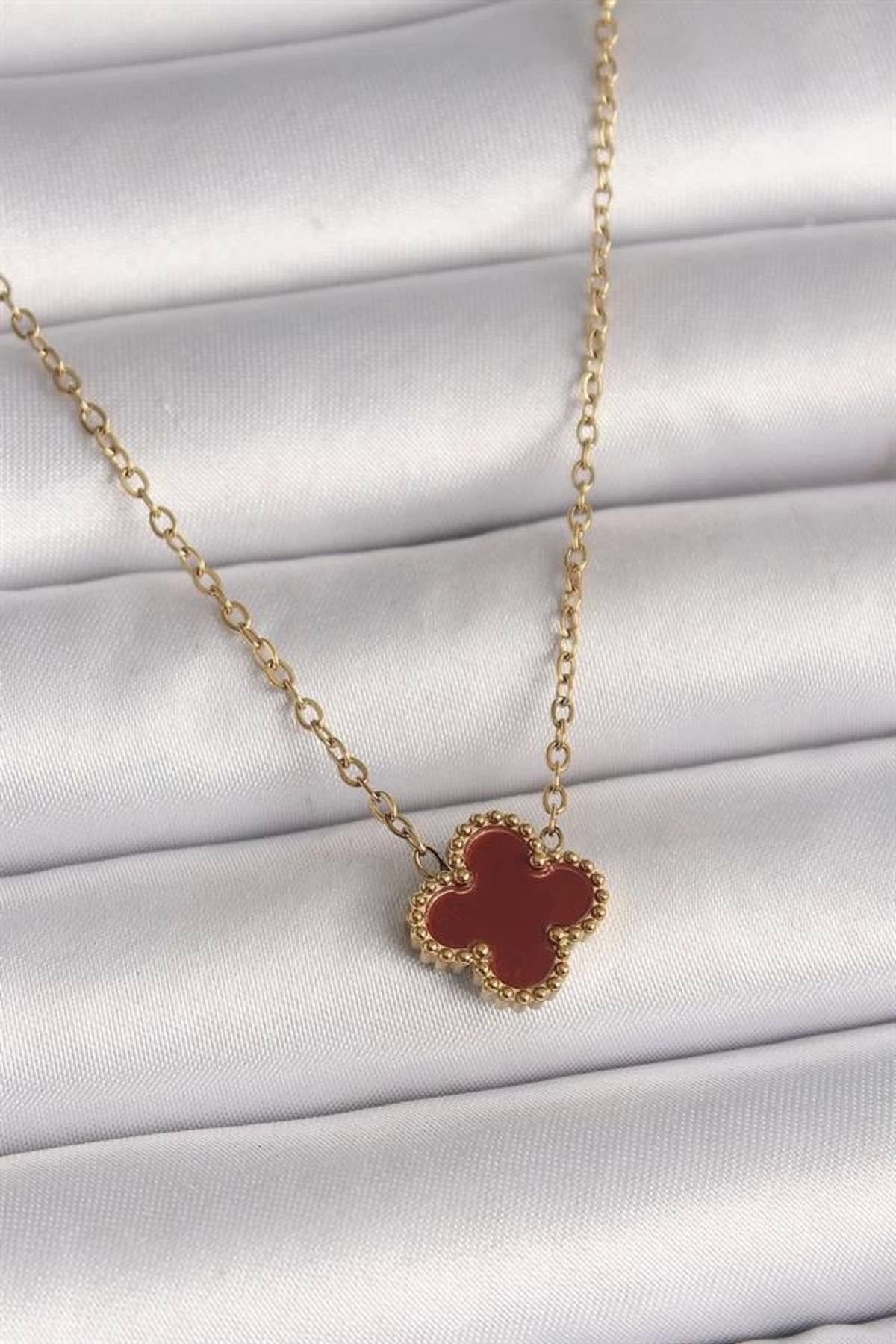 FASHIONLINE 316L Çelik Gold Renk Bordo Yonca Model Kadın Kolye