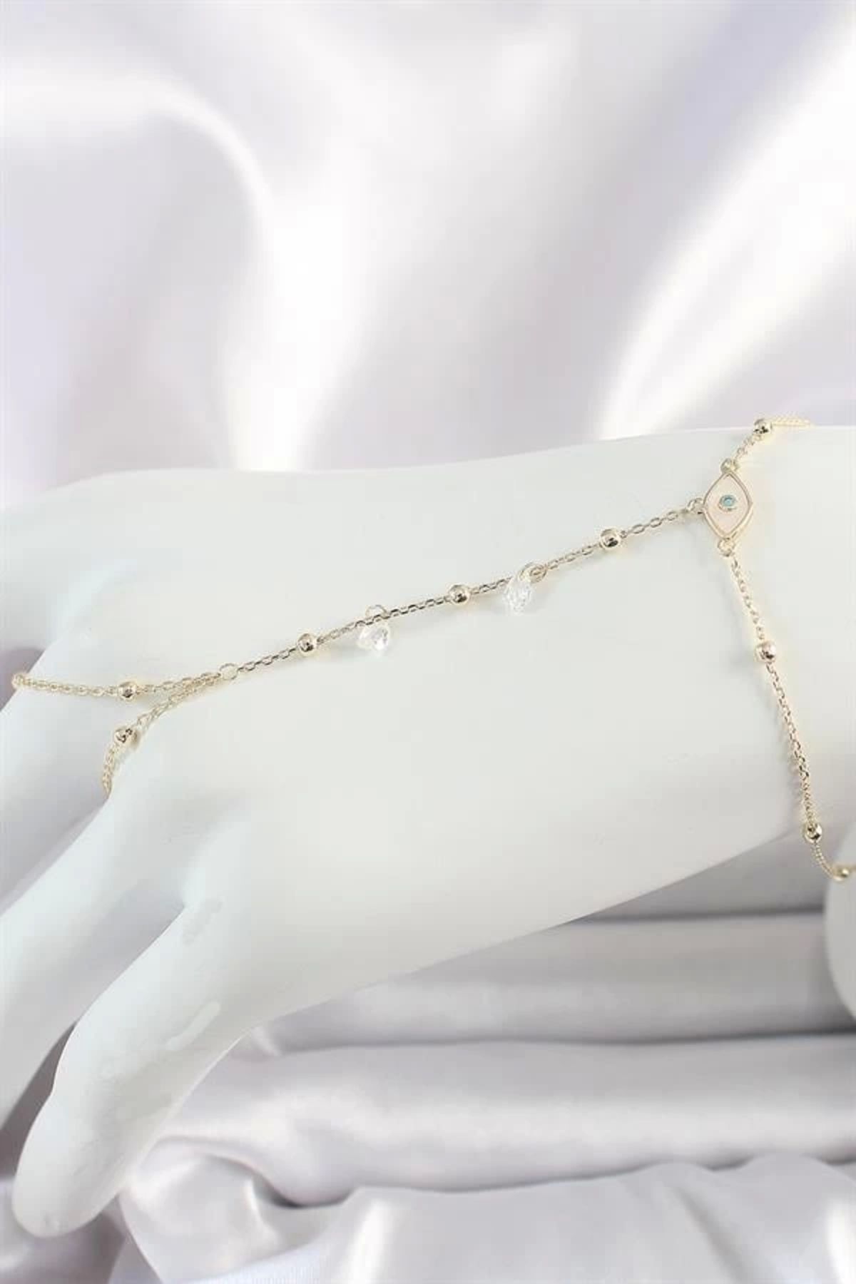 FASHIONLINE Pirinç Gold Renk Mavi Taşlı Göz Figür Topçuk Detaylı Kadın Şahmeran